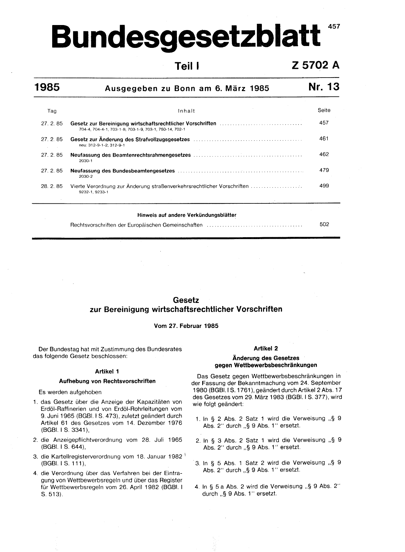 BGBl. 1985, Seite 457 — Originalseite als Abbildung