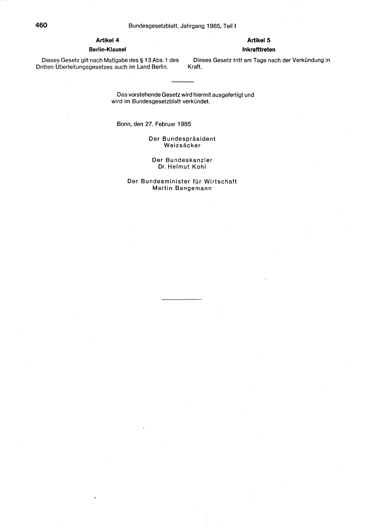 BGBl. 1985, Seite 460 — Originalseite als Abbildung