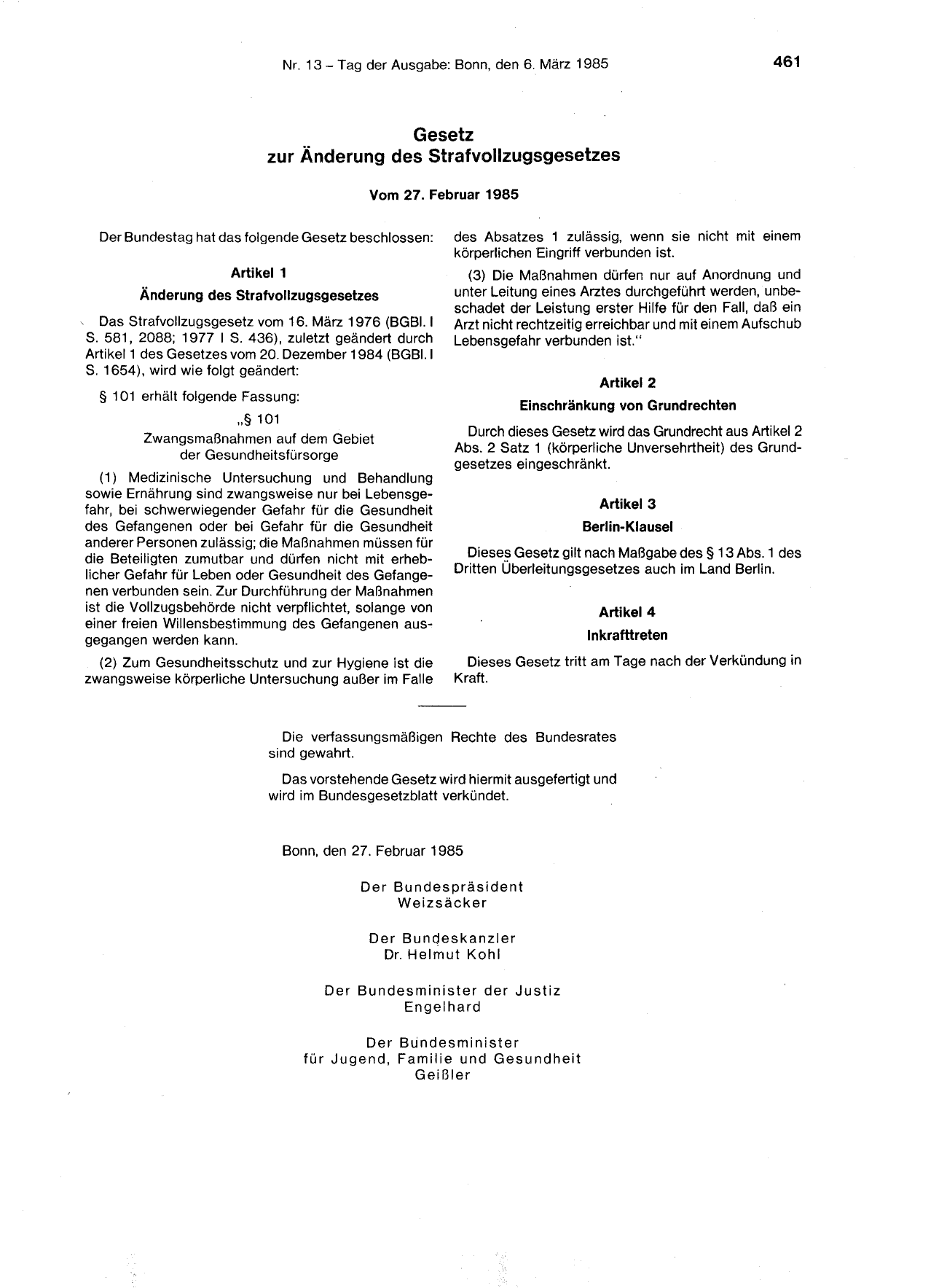 BGBl. 1985, Seite 461 — Originalseite als Abbildung