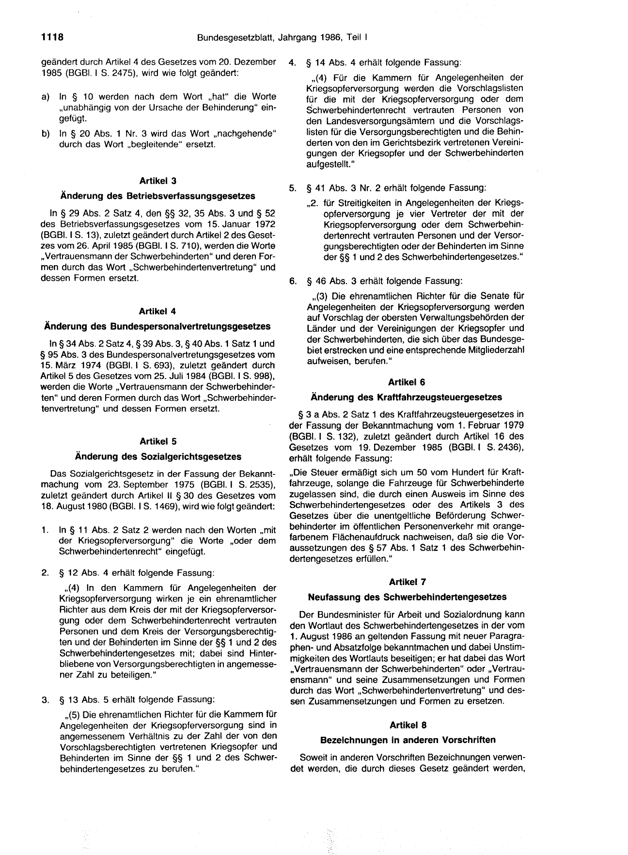 BGBl. 1986, Seite 1118 — Originalseite als Abbildung