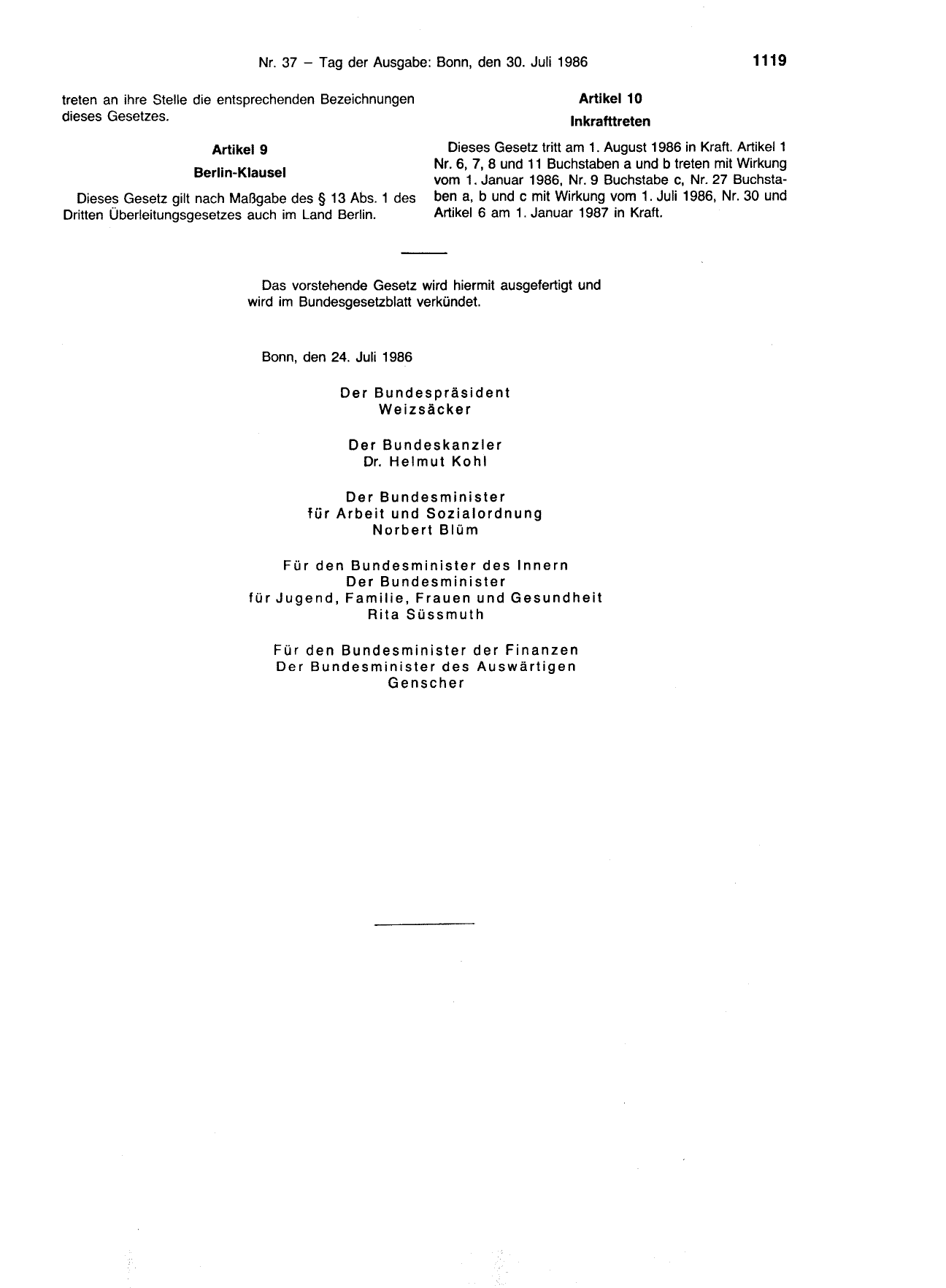 BGBl. 1986, Seite 1119 — Originalseite als Abbildung