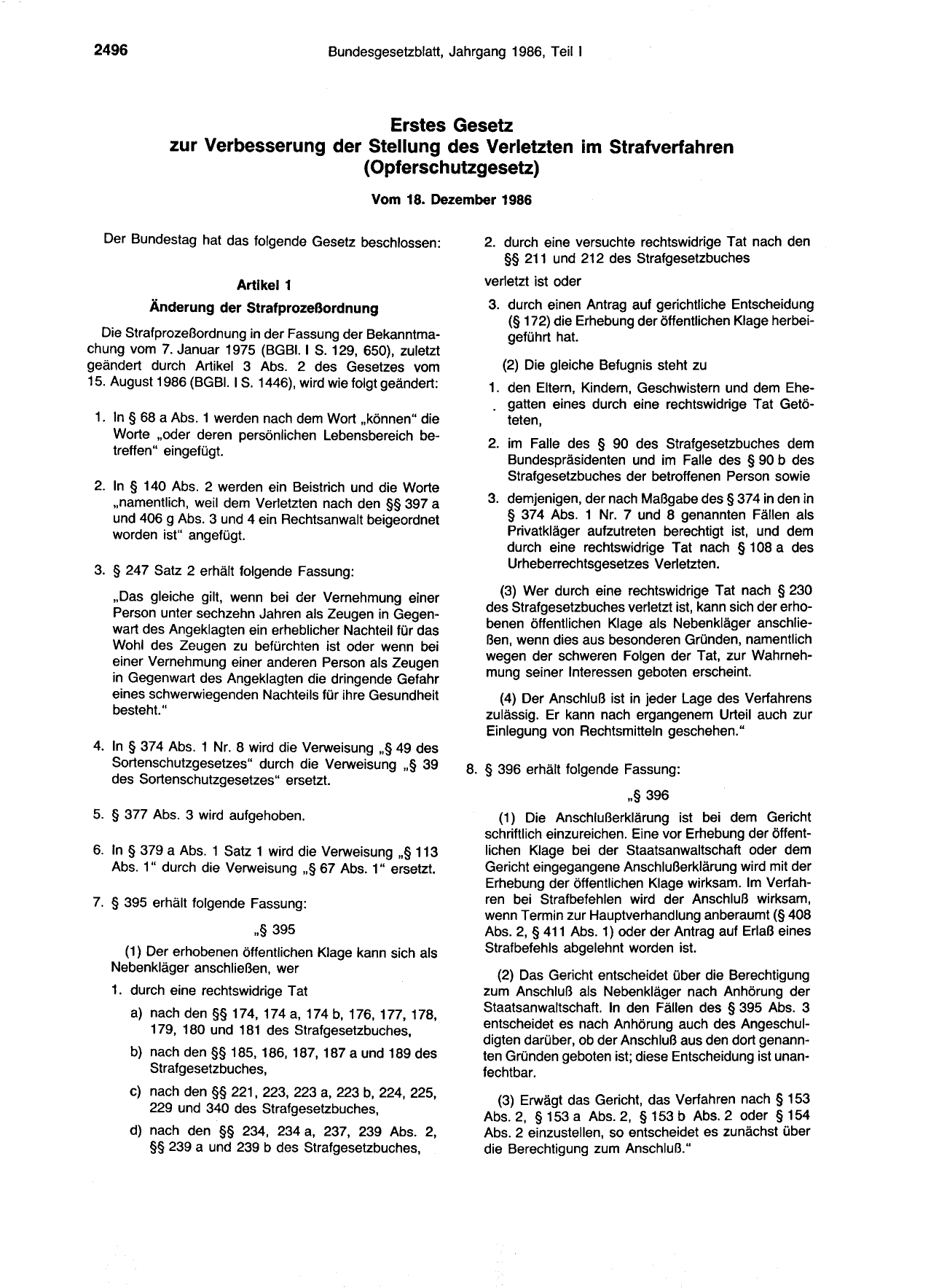 BGBl. 1986, Seite 2496 — Originalseite als Abbildung
