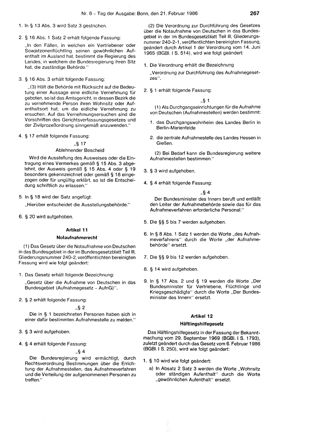 BGBl. 1986, Seite 267 — Originalseite als Abbildung