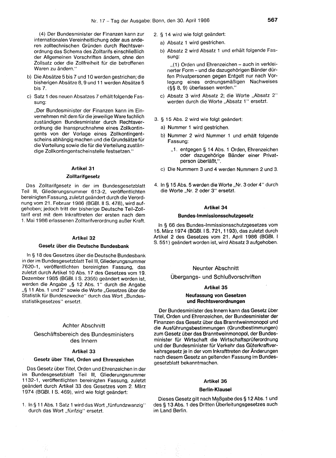 BGBl. 1986, Seite 567 — Originalseite als Abbildung