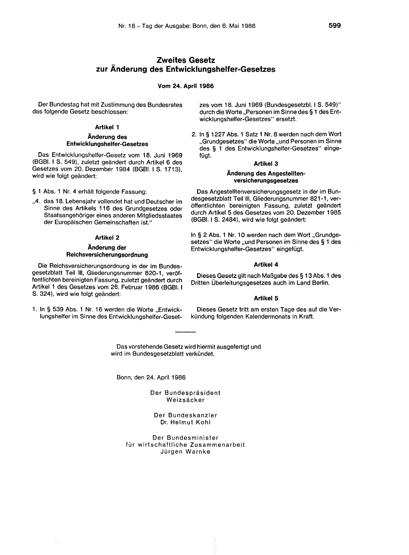 BGBl. 1986, Seite 599 — Originalseite als Abbildung