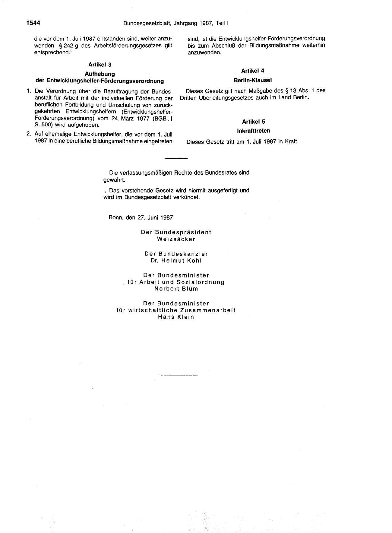 BGBl. 1987, Seite 1544 — Originalseite als Abbildung