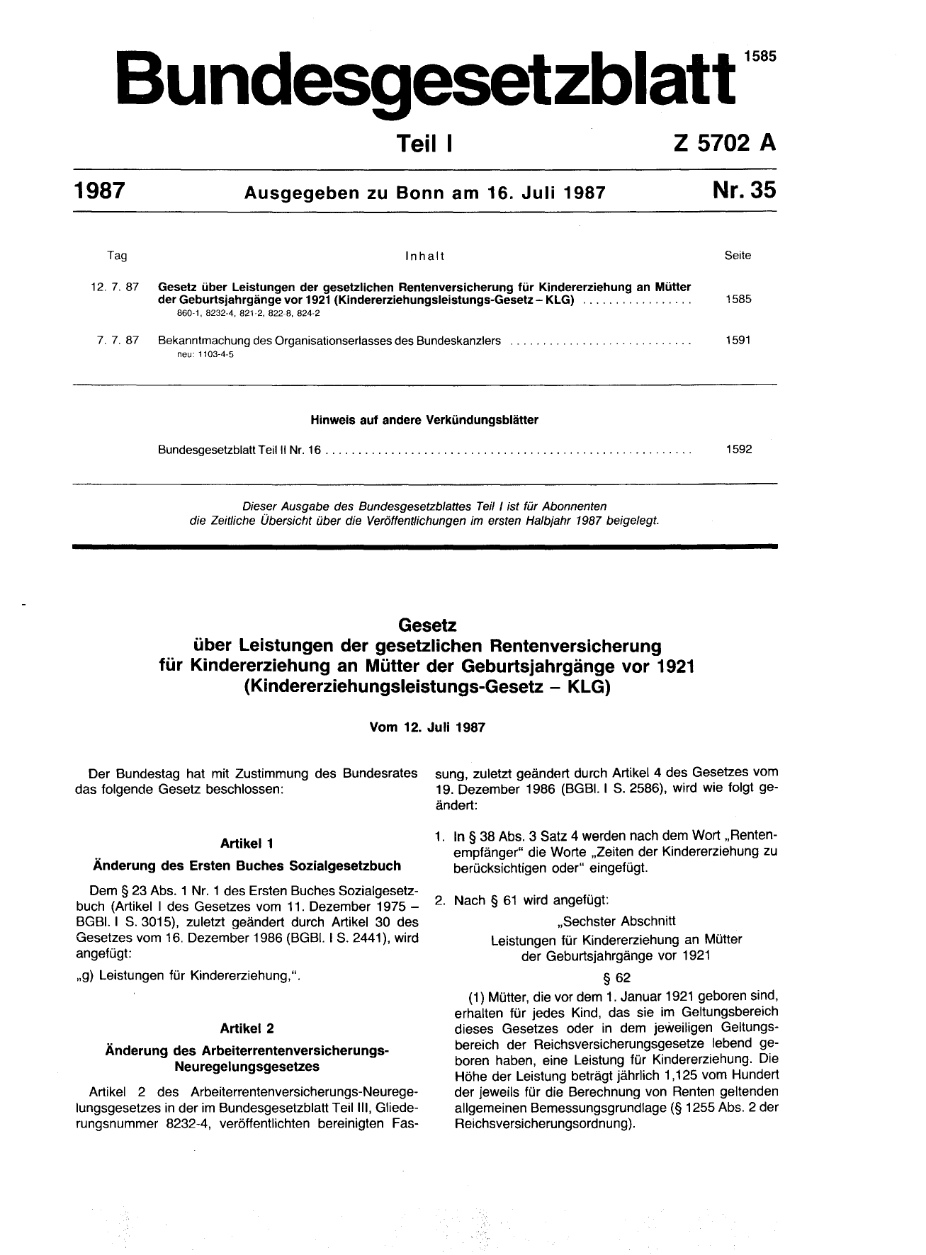 BGBl. 1987, Seite 1585 — Originalseite als Abbildung