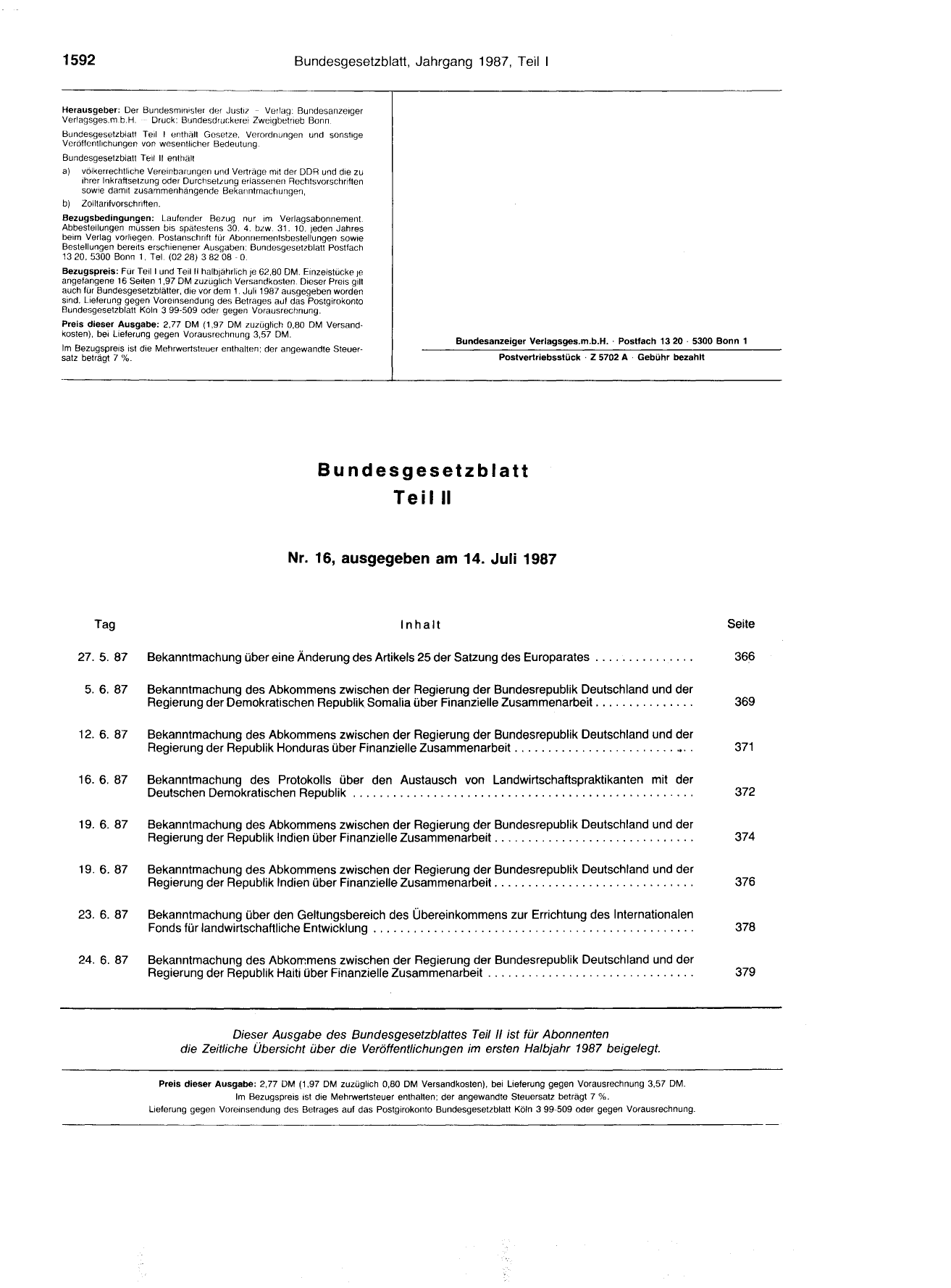 BGBl. 1987, Seite 1592 — Originalseite als Abbildung
