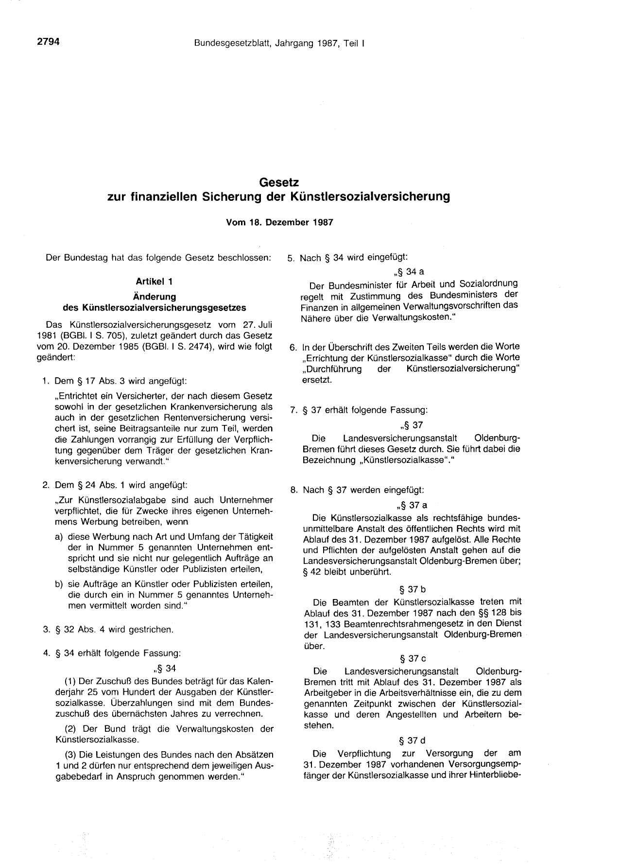 BGBl. 1987, Seite 2794 — Originalseite als Abbildung