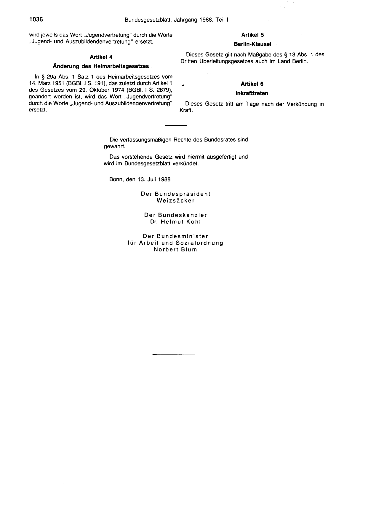 BGBl. 1988, Seite 1036 — Originalseite als Abbildung