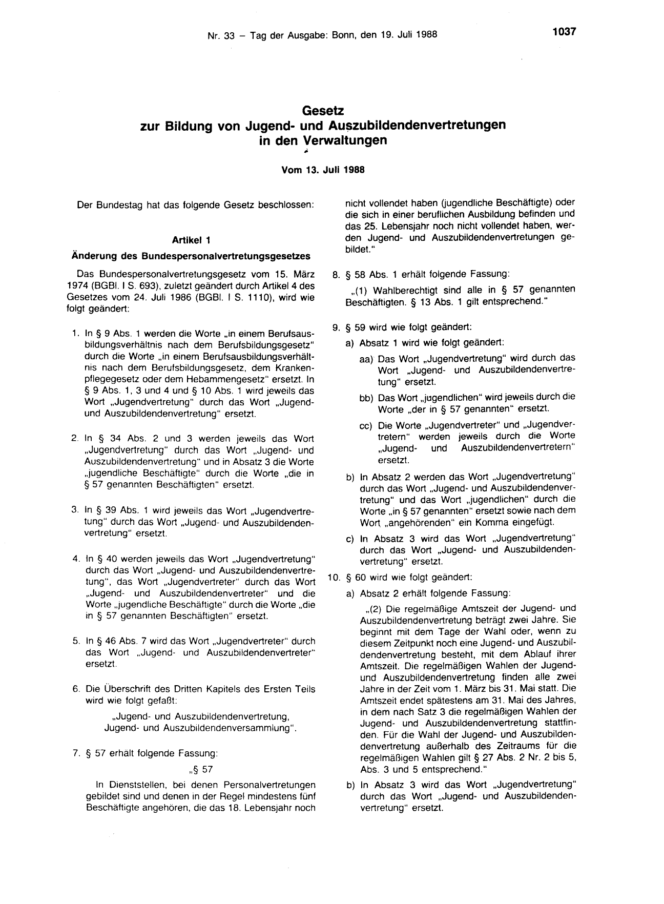 BGBl. 1988, Seite 1037 — Originalseite als Abbildung