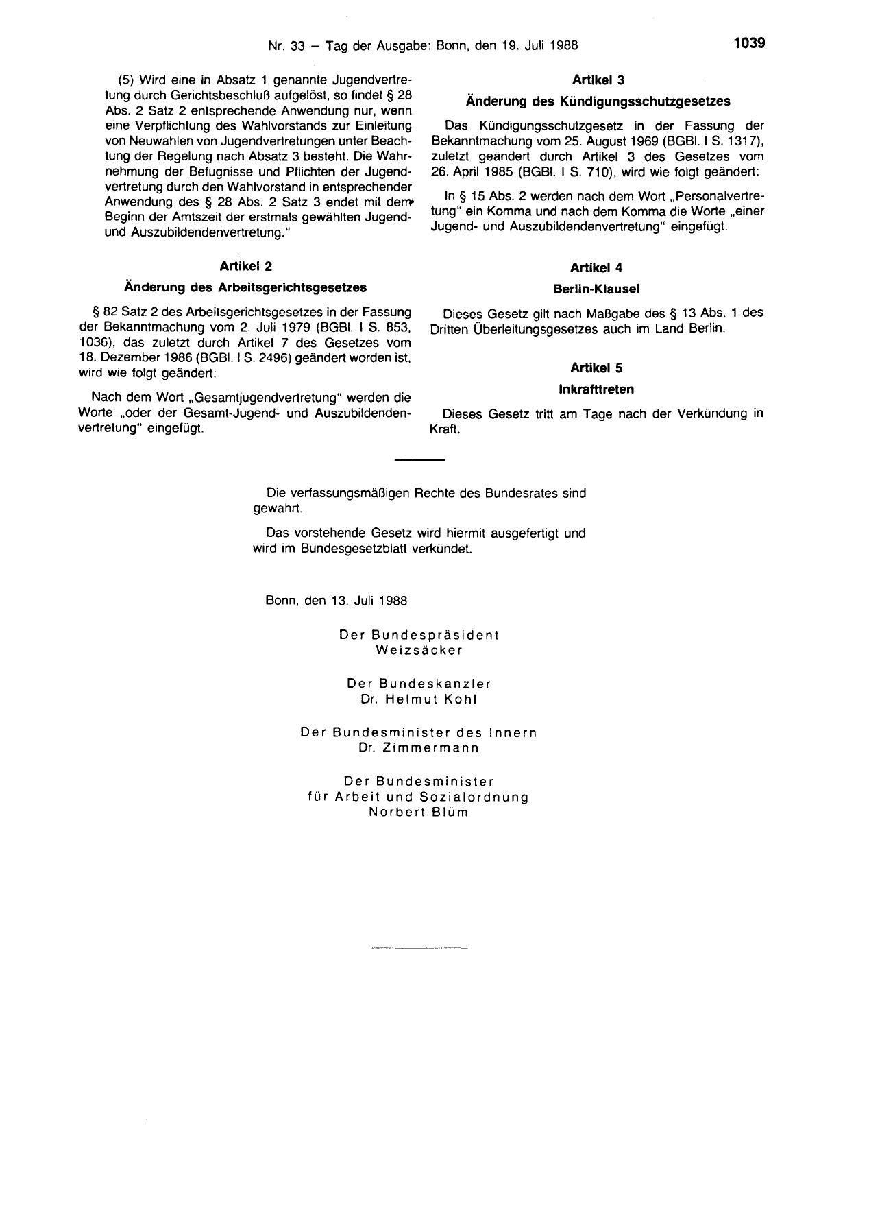 BGBl. 1988, Seite 1039 — Originalseite als Abbildung