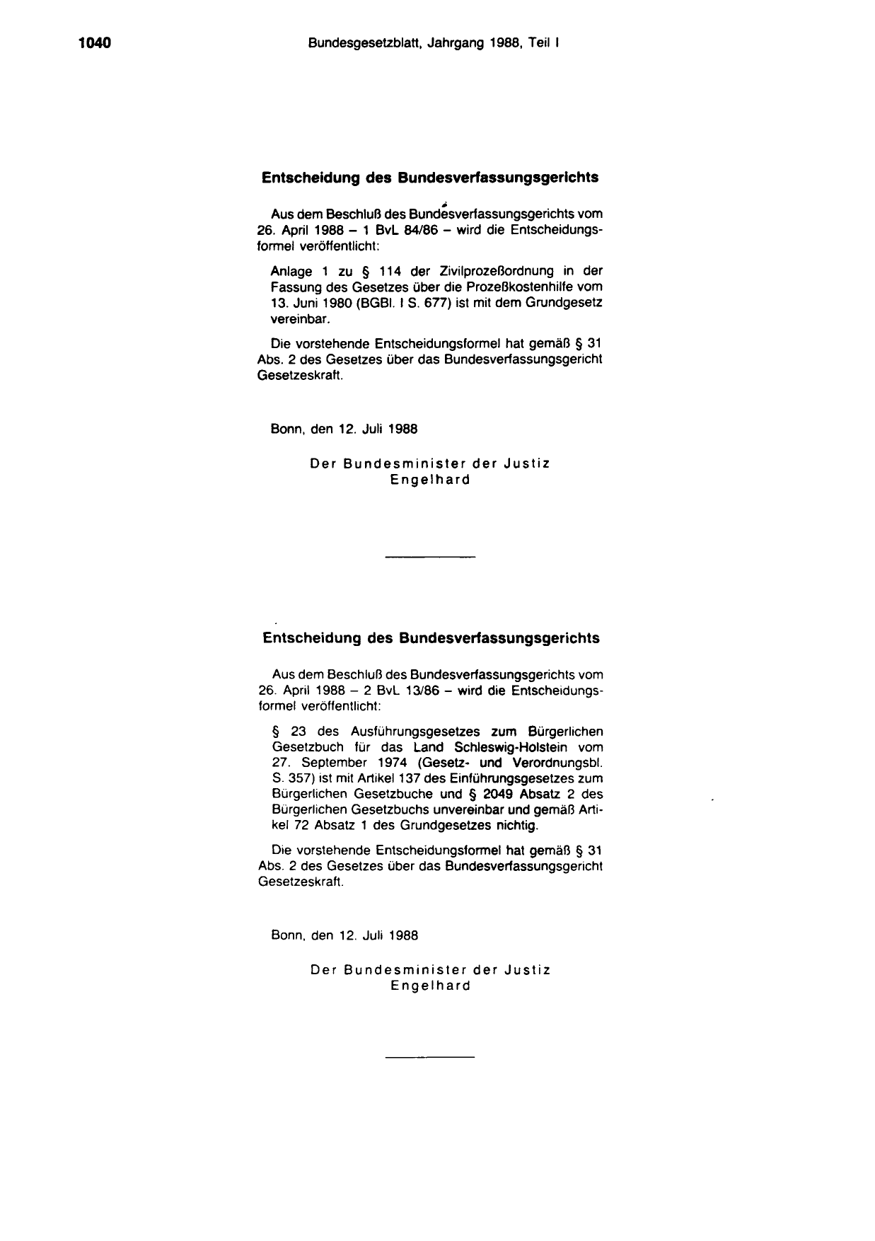 BGBl. 1988, Seite 1040 — Originalseite als Abbildung