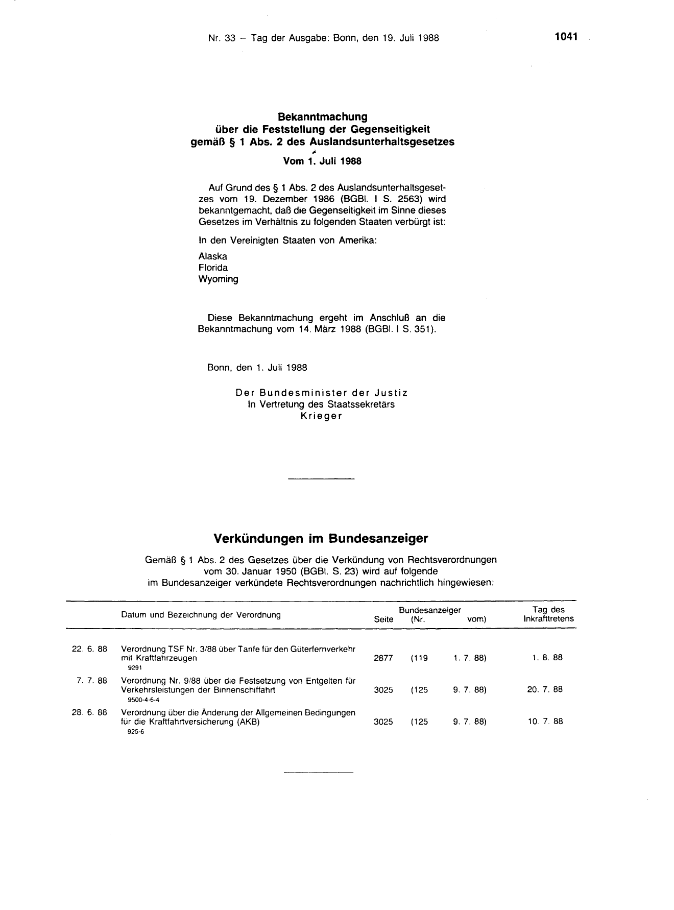BGBl. 1988, Seite 1041 — Originalseite als Abbildung