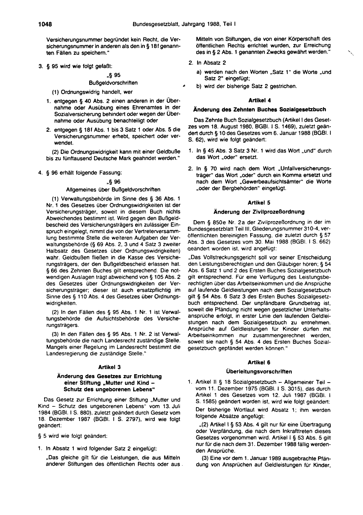 BGBl. 1988, Seite 1048 — Originalseite als Abbildung