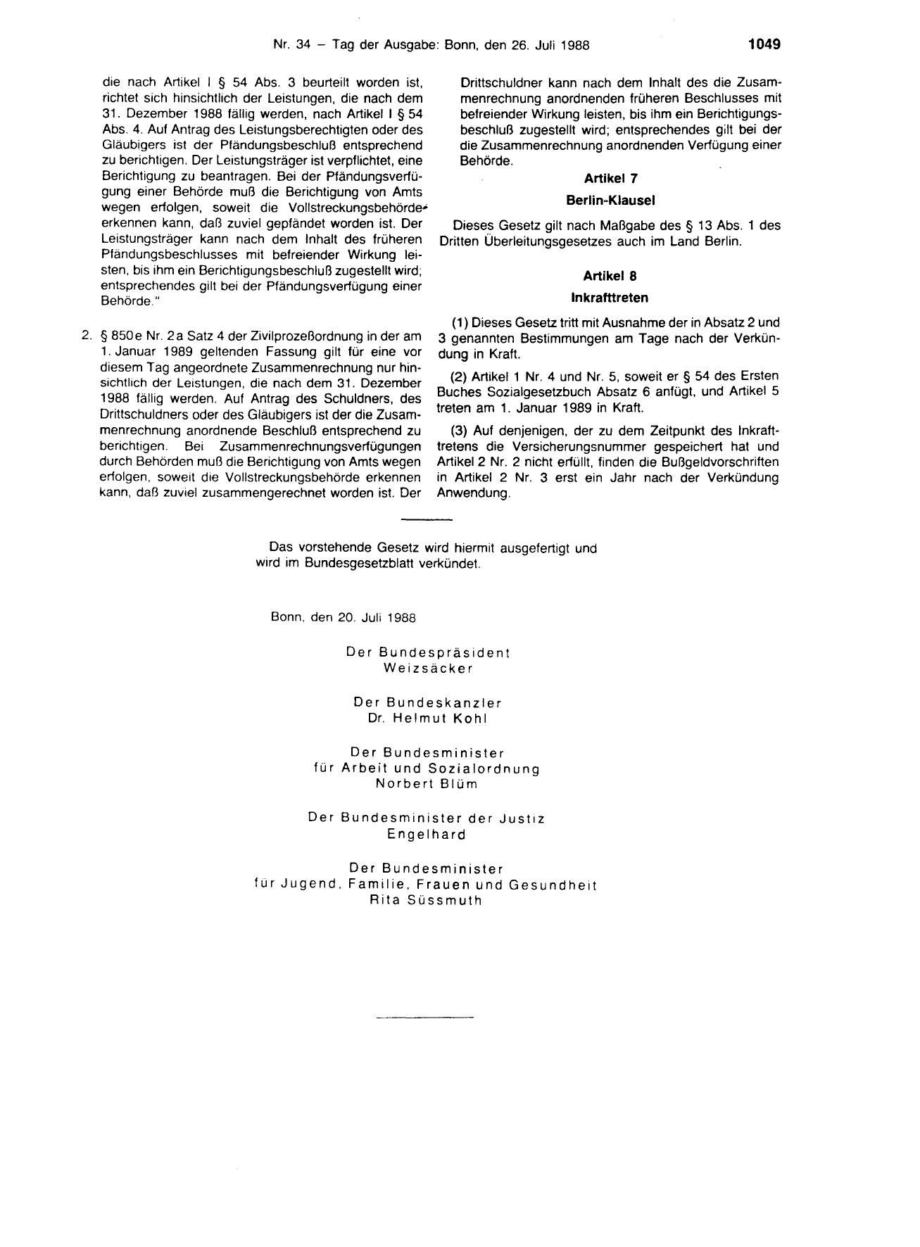 BGBl. 1988, Seite 1049 — Originalseite als Abbildung