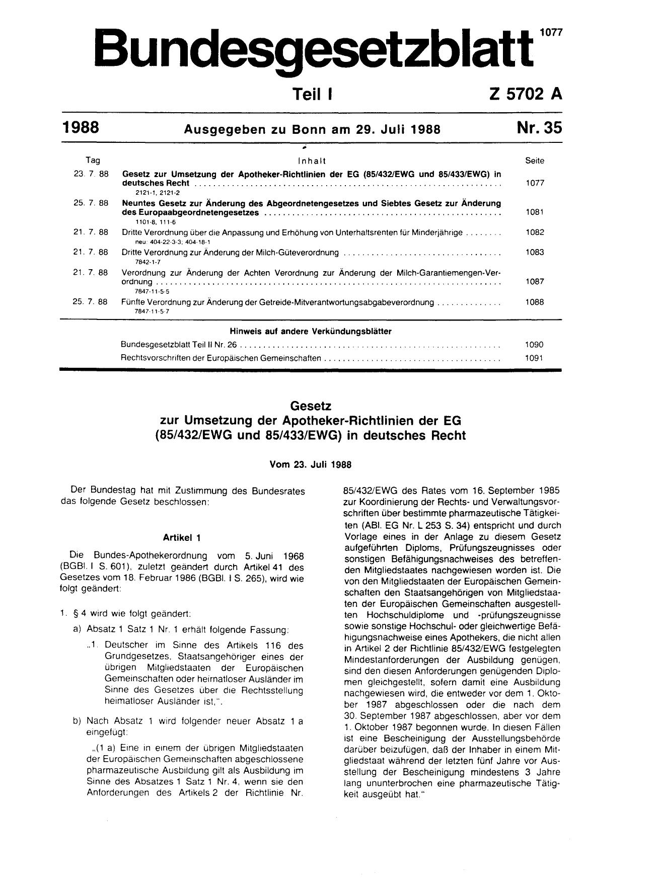 BGBl. 1988, Seite 1011 — Originalseite als Abbildung