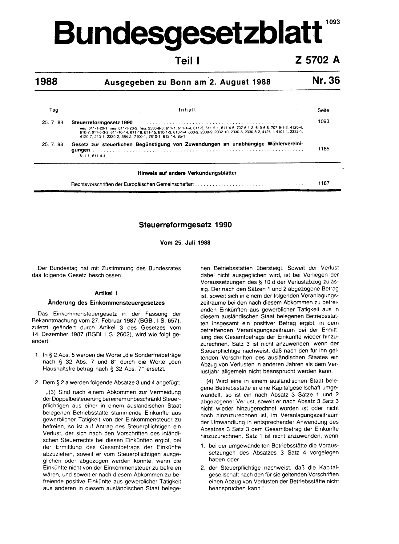 BGBl. 1988, Seite 1093 — Originalseite als Abbildung