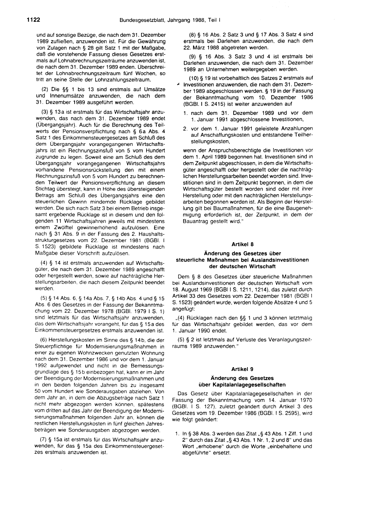 BGBl. 1988, Seite 1122 — Originalseite als Abbildung