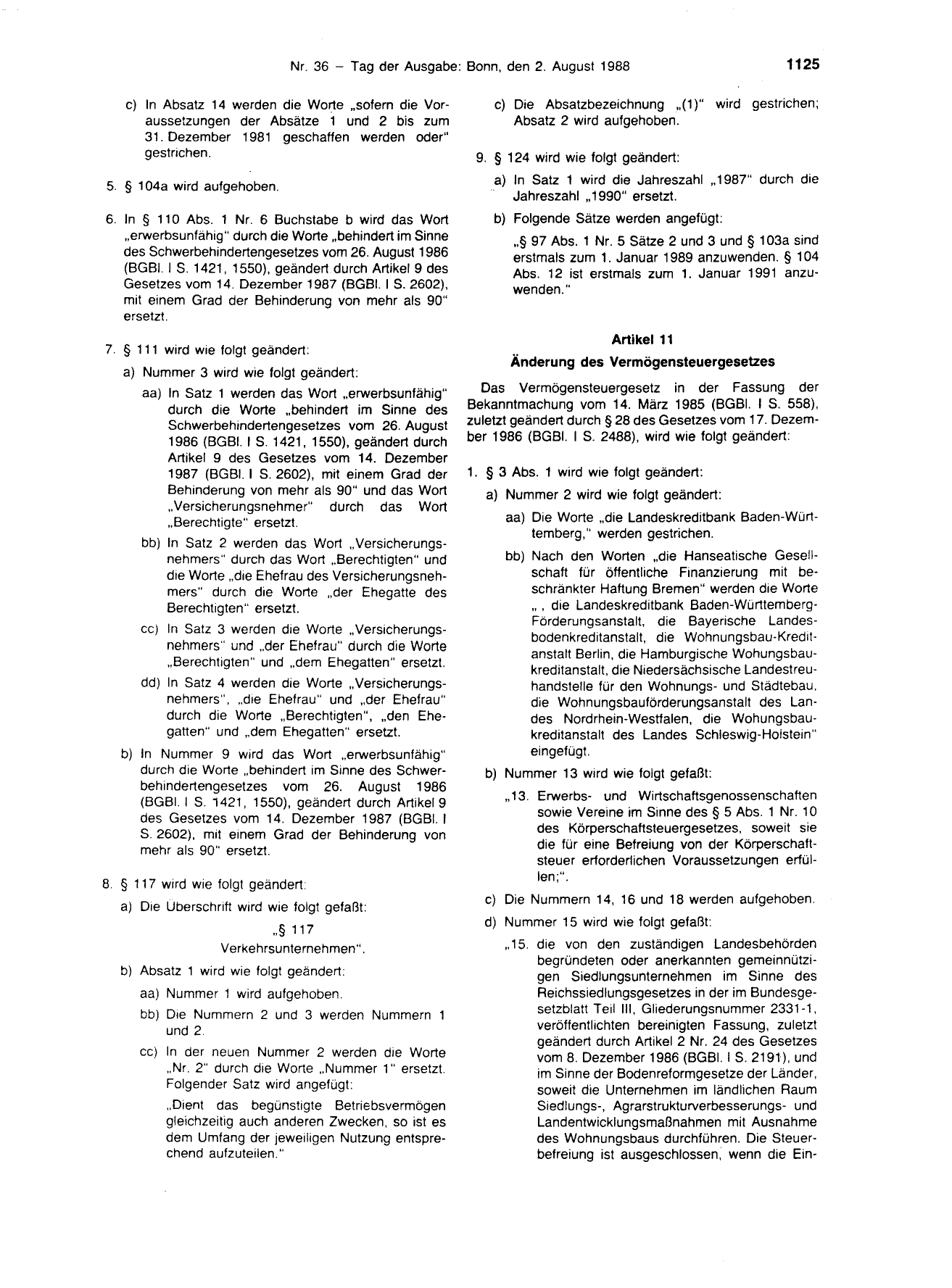 BGBl. 1988, Seite 1125 — Originalseite als Abbildung