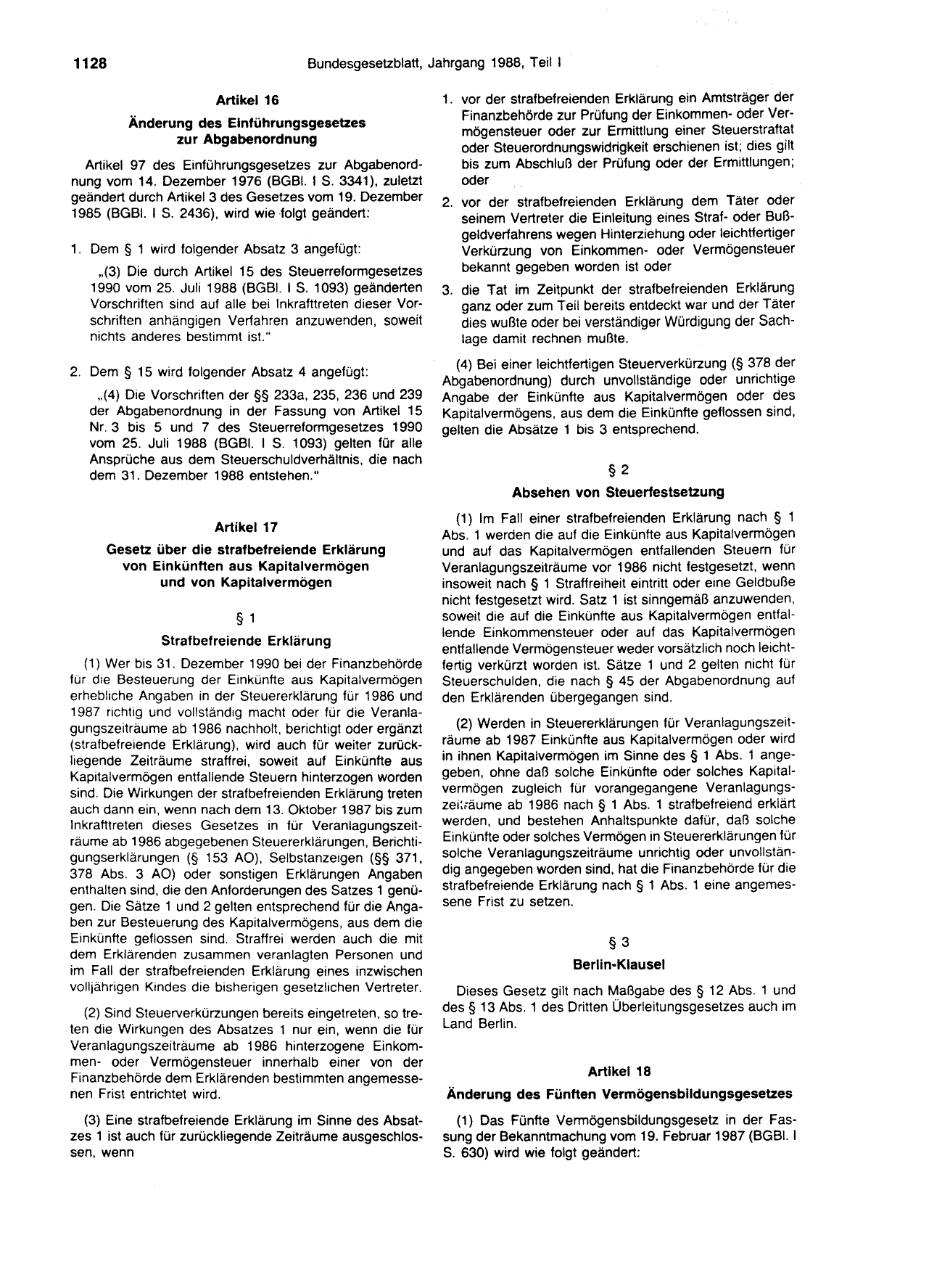 BGBl. 1988, Seite 1128 — Originalseite als Abbildung