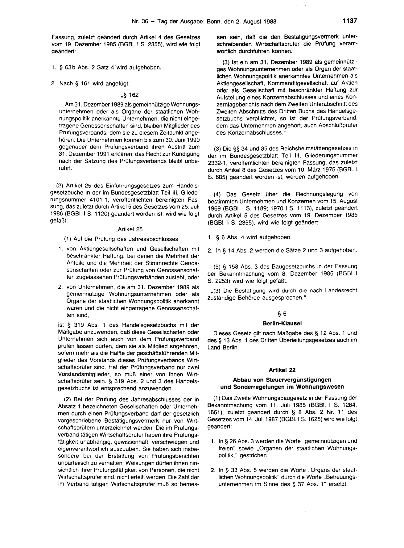 BGBl. 1988, Seite 1137 — Originalseite als Abbildung