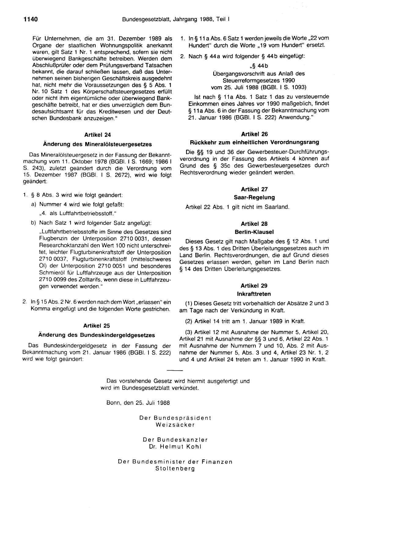BGBl. 1988, Seite 1140 — Originalseite als Abbildung