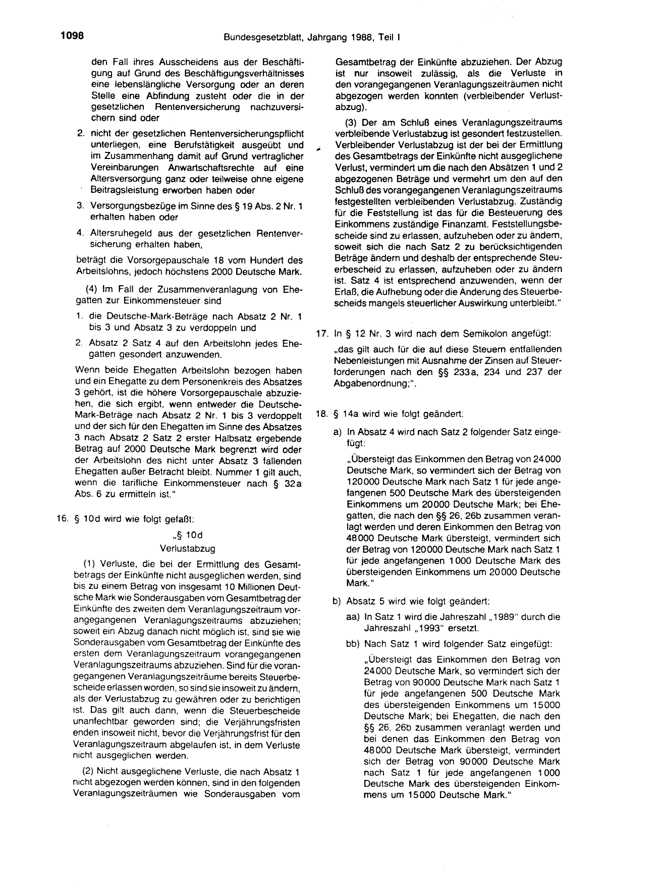 BGBl. 1988, Seite 1098 — Originalseite als Abbildung