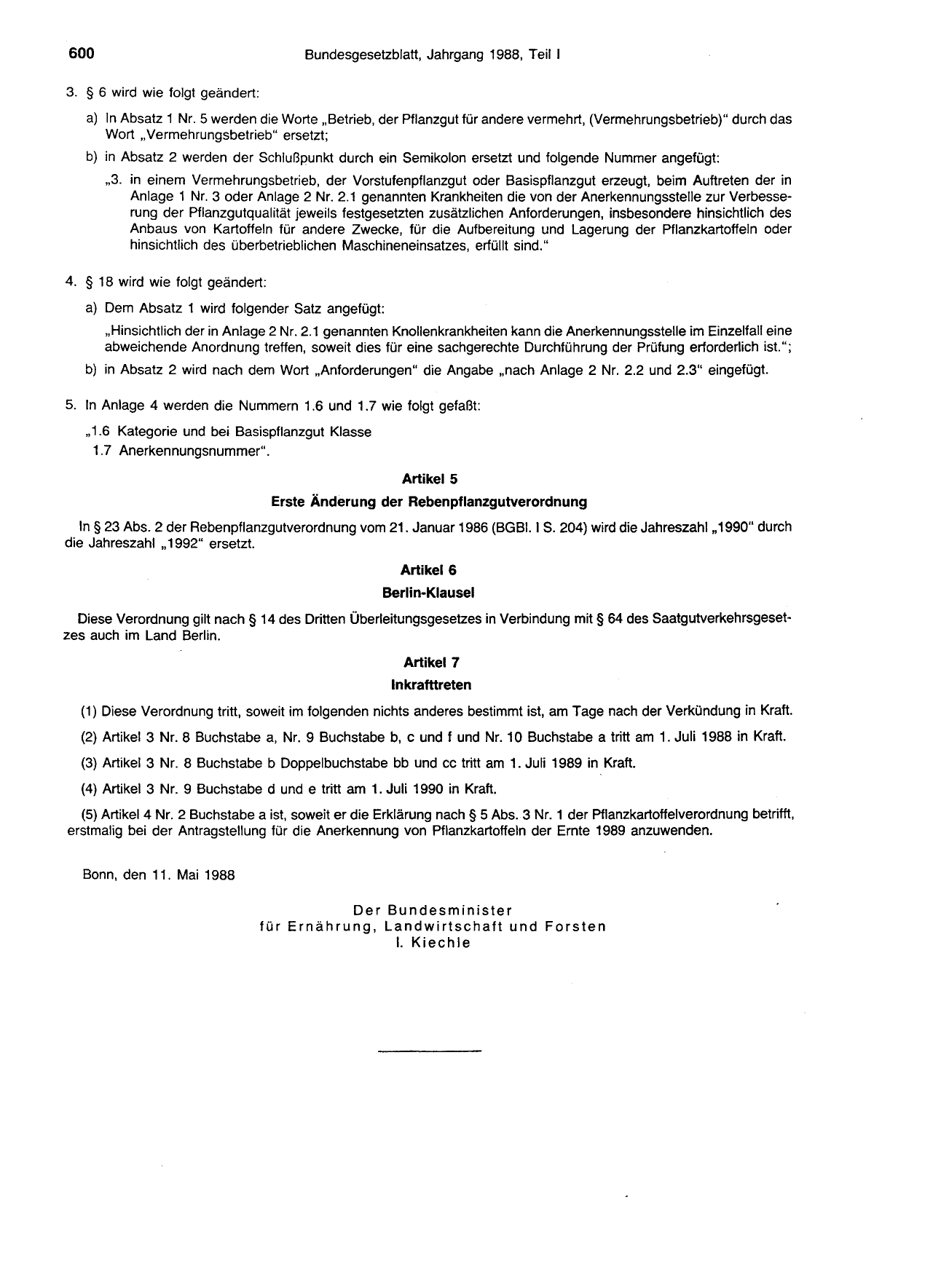 BGBl. 1988, Seite 600 — Originalseite als Abbildung