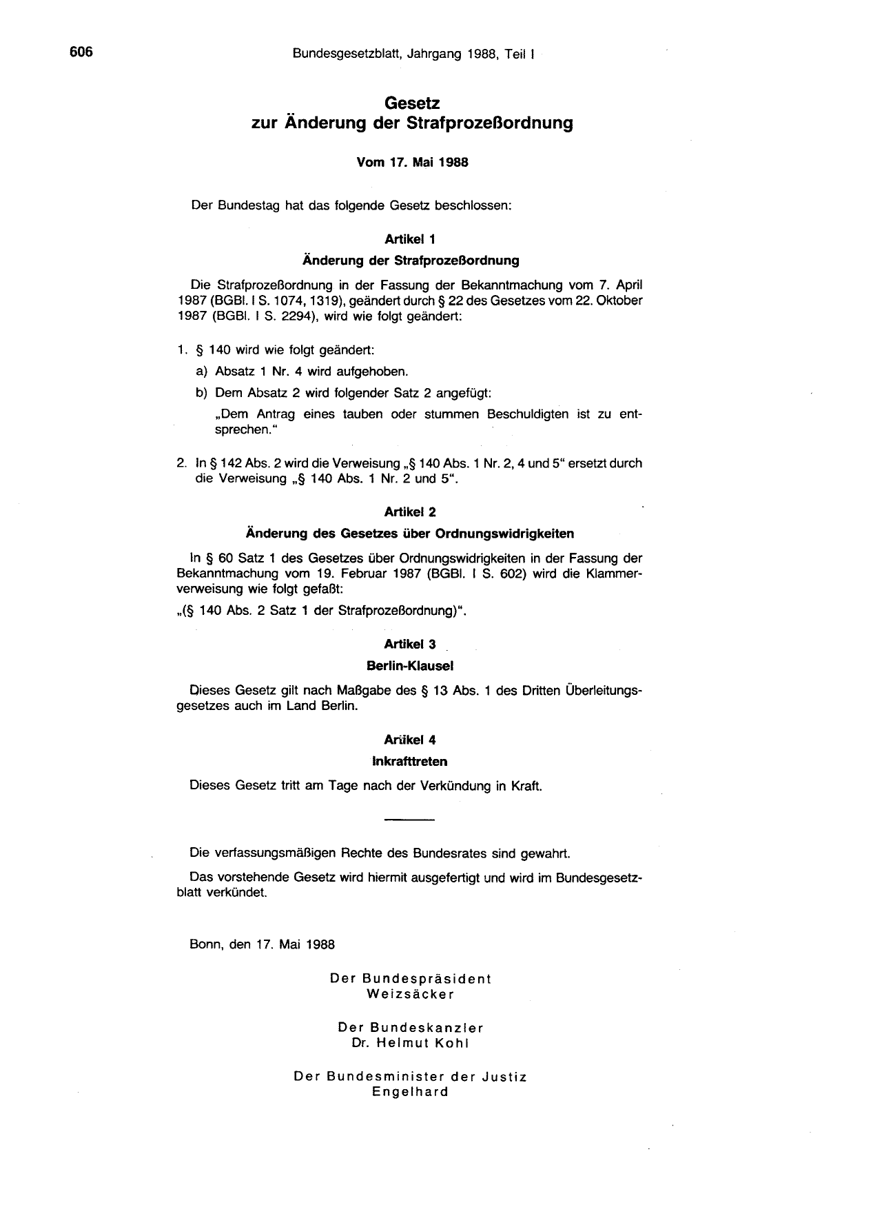 BGBl. 1988, Seite 606 — Originalseite als Abbildung