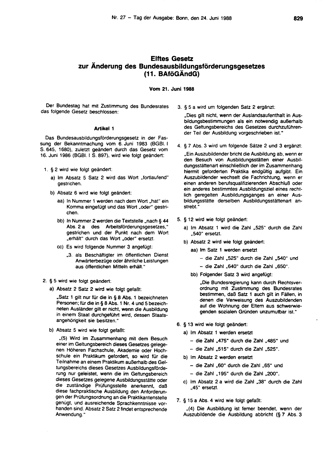 BGBl. 1988, Seite 829 — Originalseite als Abbildung