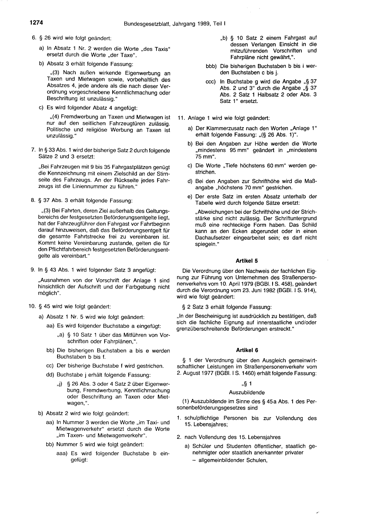 BGBl. 1989, Seite 1274 — Originalseite als Abbildung