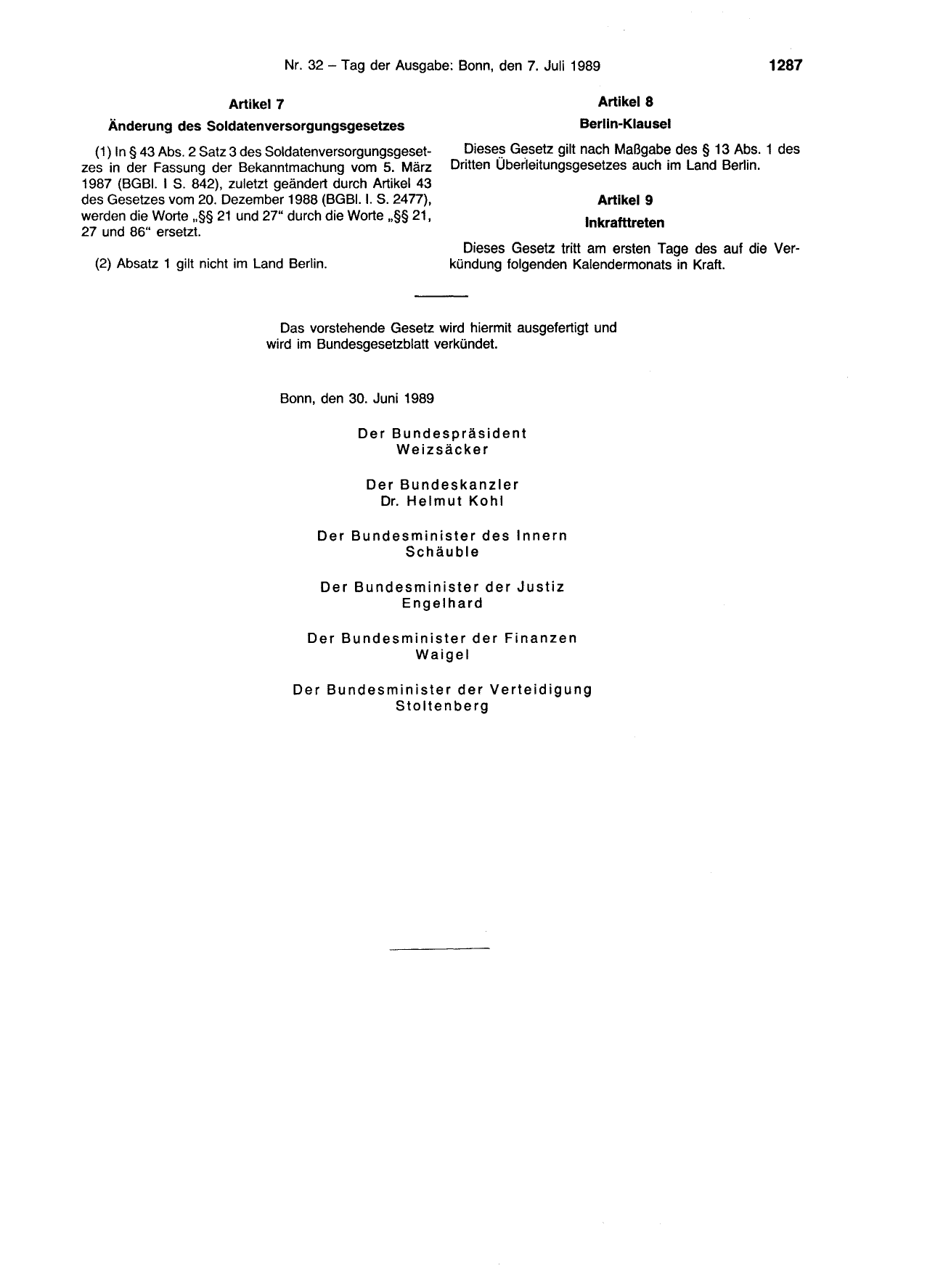 BGBl. 1989, Seite 1287 — Originalseite als Abbildung