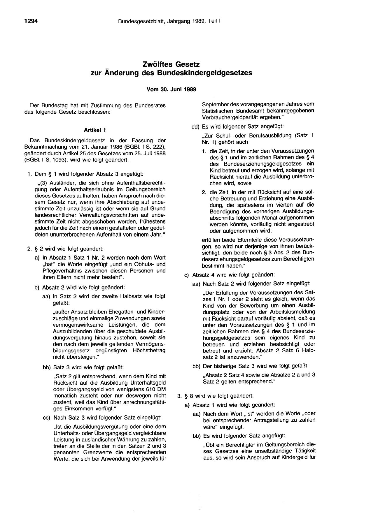 BGBl. 1989, Seite 1294 — Originalseite als Abbildung