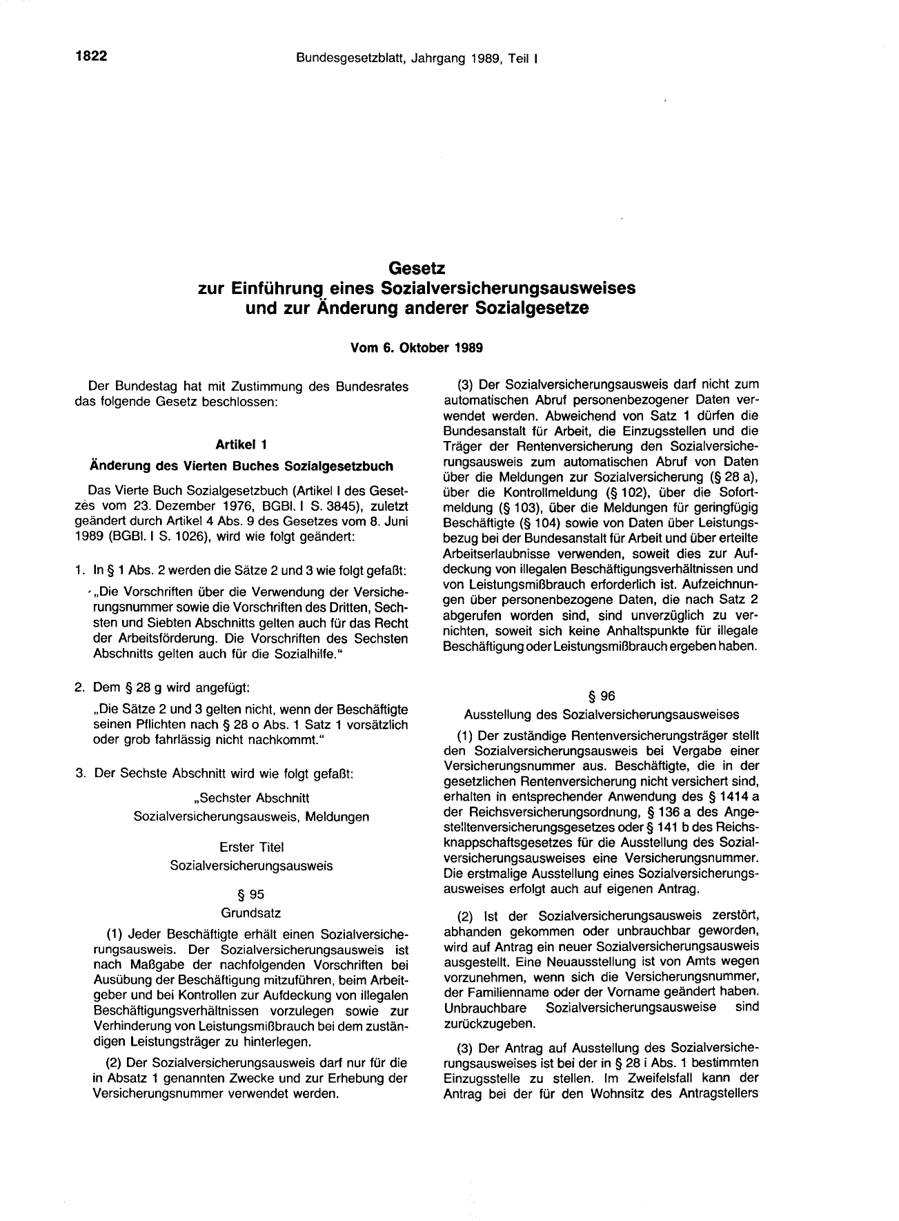 BGBl. 1989, Seite 1822 — Originalseite als Abbildung