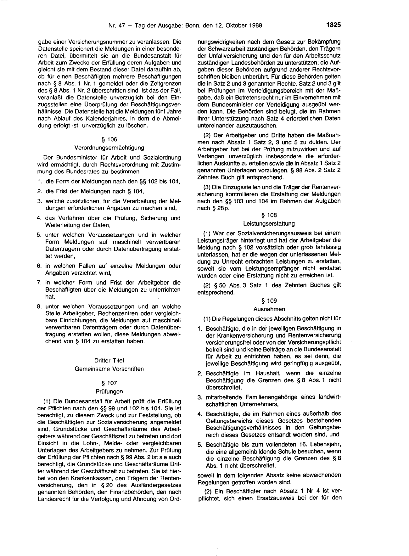 BGBl. 1989, Seite 1825 — Originalseite als Abbildung