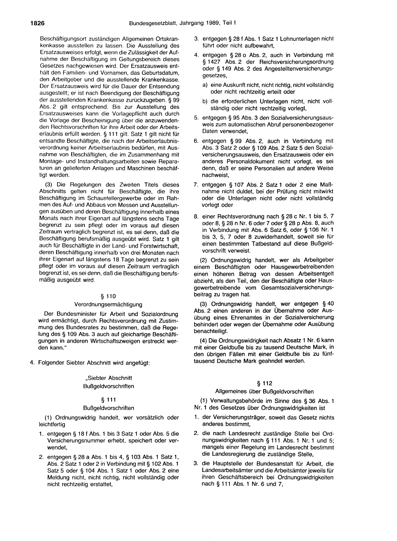 BGBl. 1989, Seite 1826 — Originalseite als Abbildung