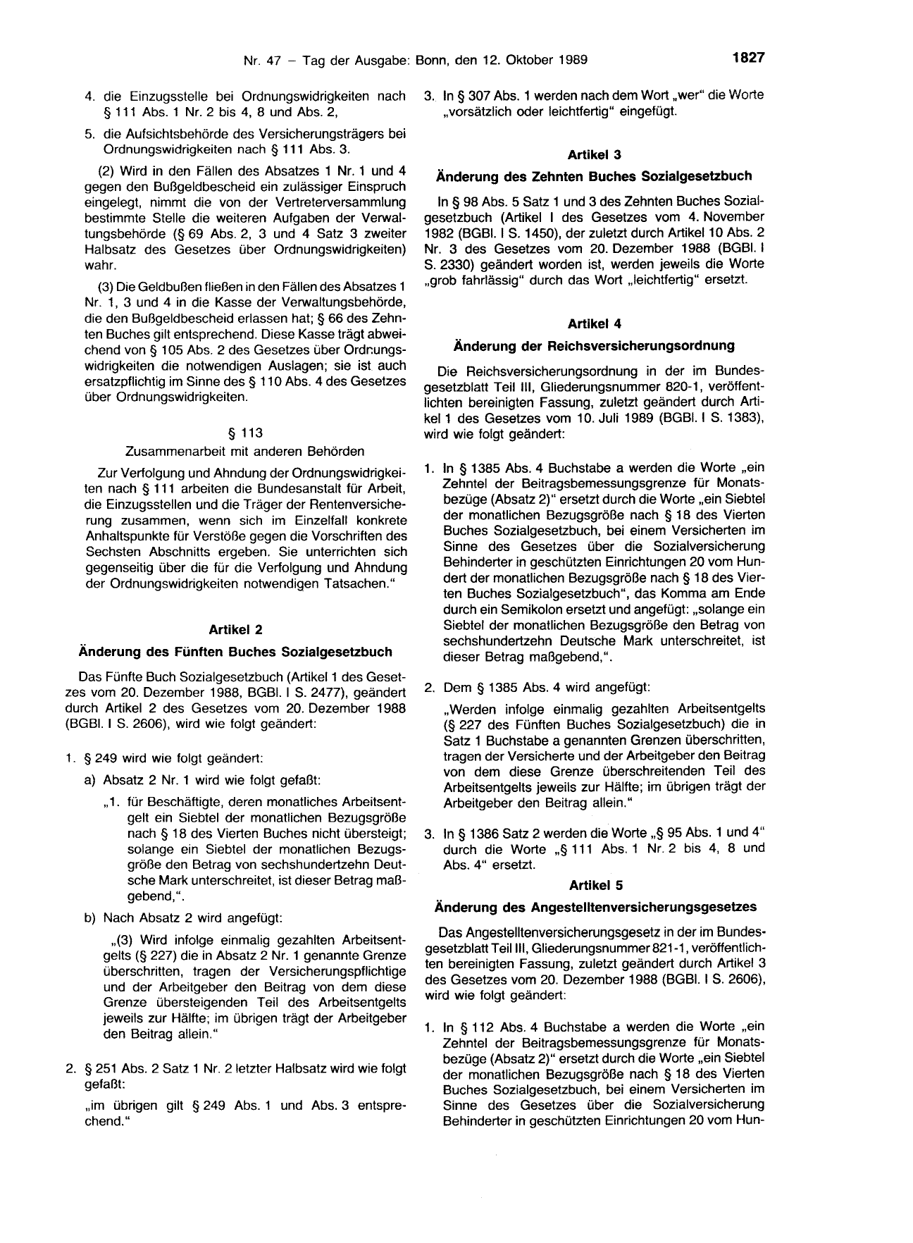 BGBl. 1989, Seite 1827 — Originalseite als Abbildung