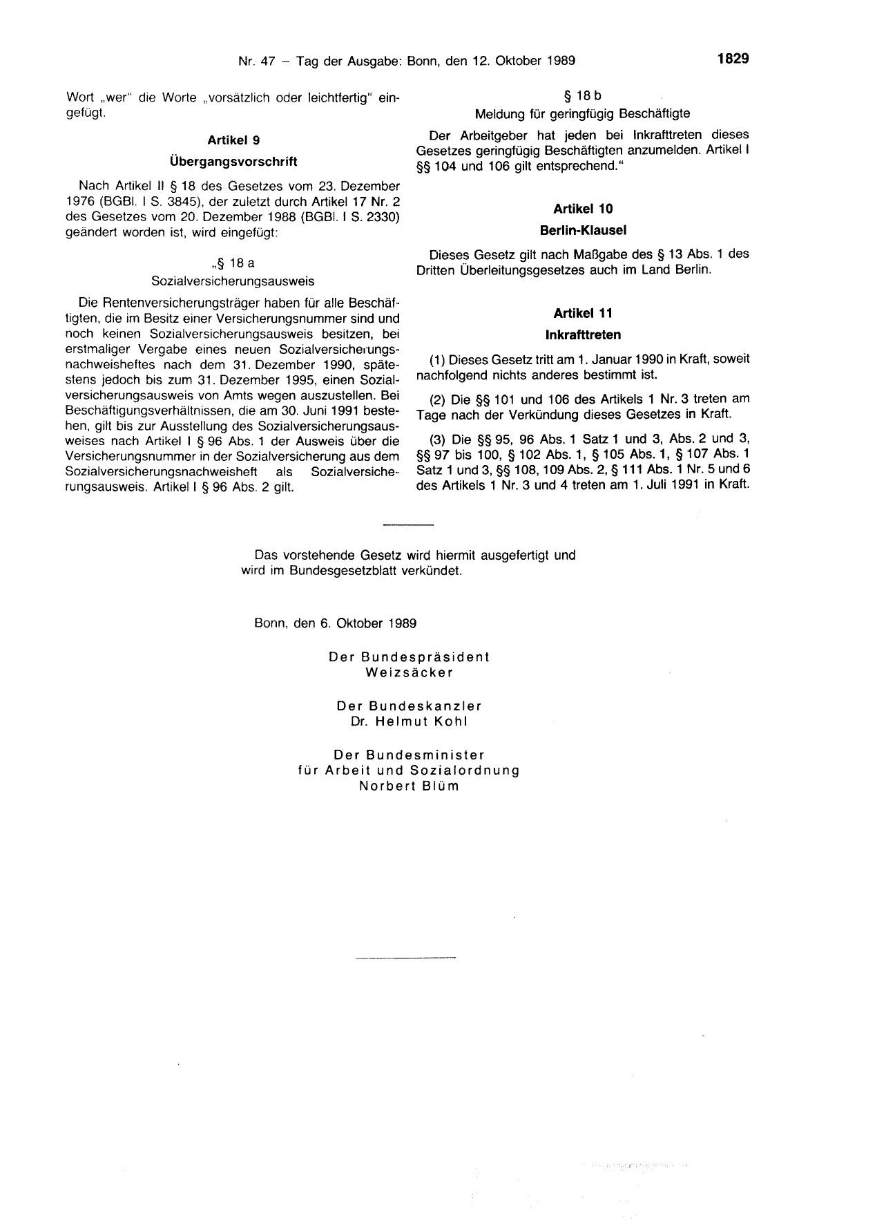 BGBl. 1989, Seite 1829 — Originalseite als Abbildung