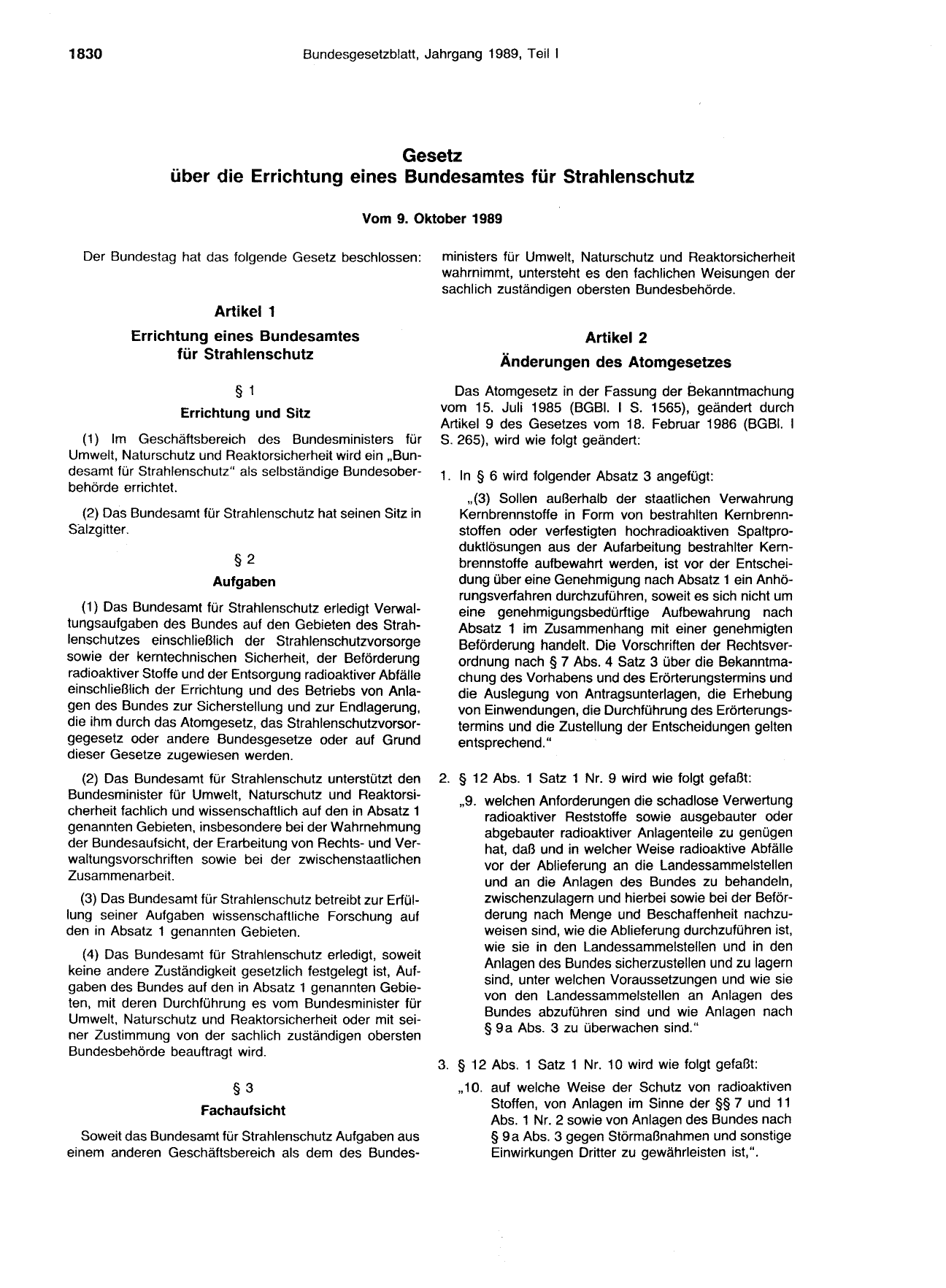 BGBl. 1989, Seite 1830 — Originalseite als Abbildung