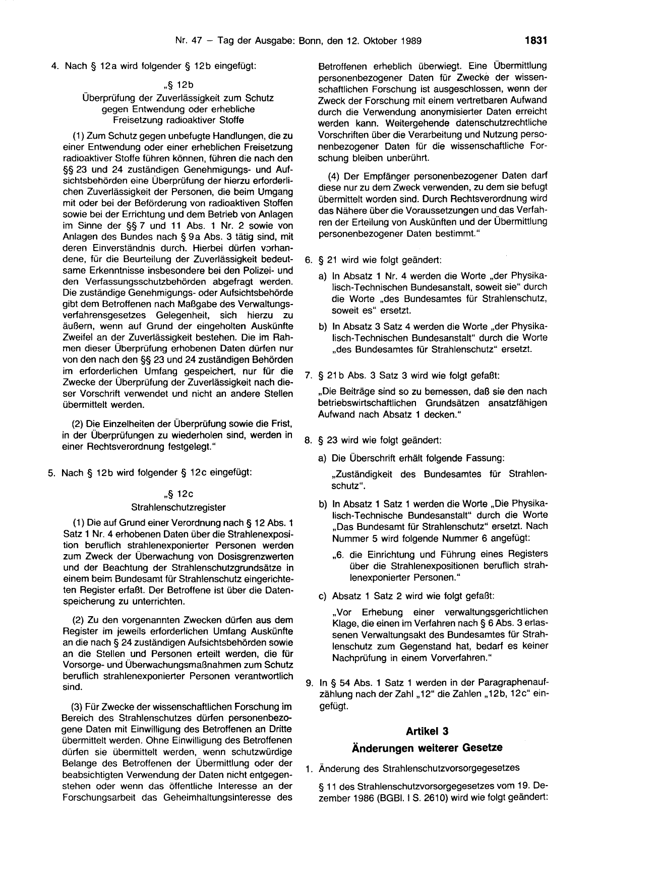 BGBl. 1989, Seite 1831 — Originalseite als Abbildung