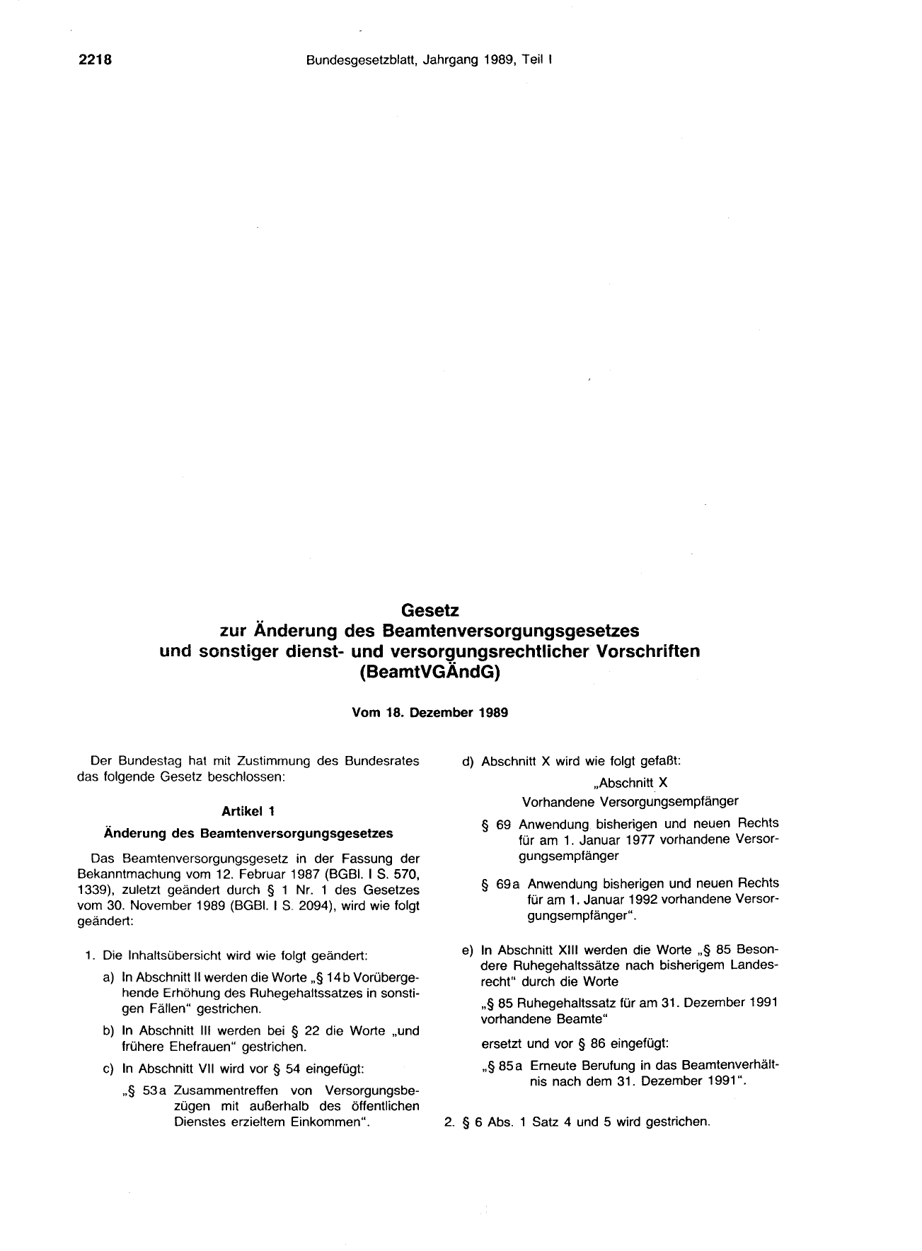 BGBl. 1989, Seite 2218 — Originalseite als Abbildung