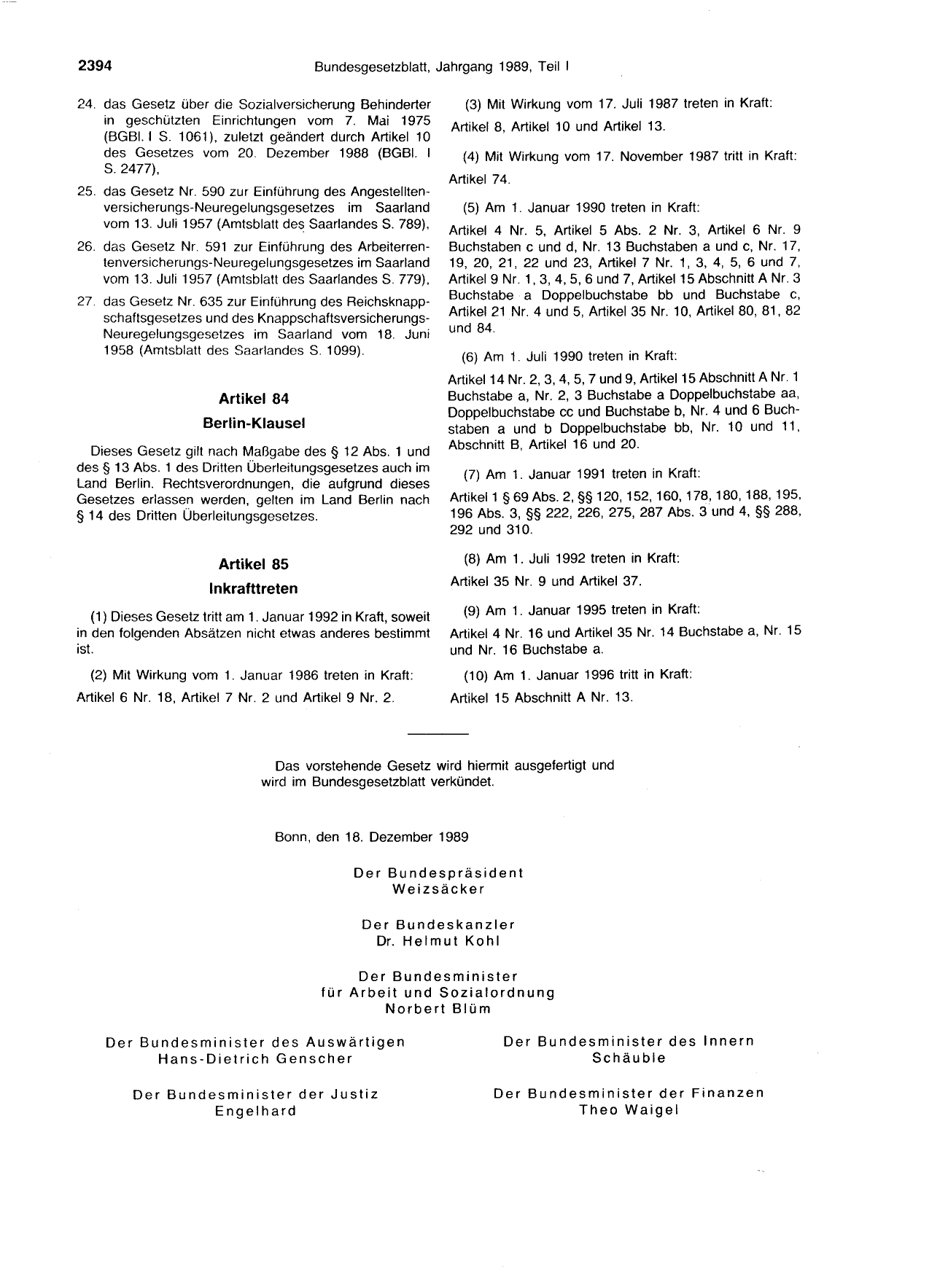 BGBl. 1989, Seite 2394 — Originalseite als Abbildung