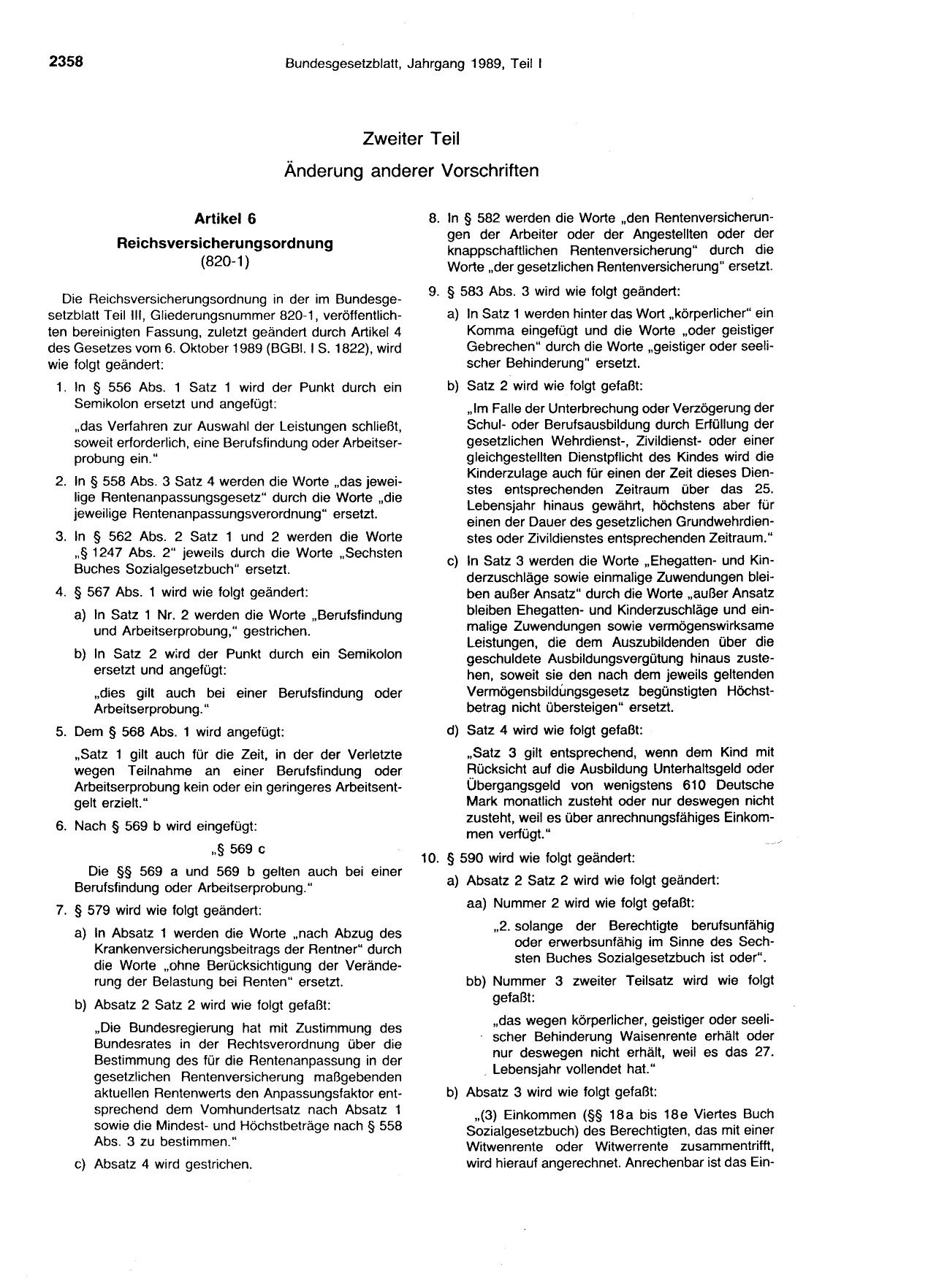 BGBl. 1989, Seite 2358 — Originalseite als Abbildung