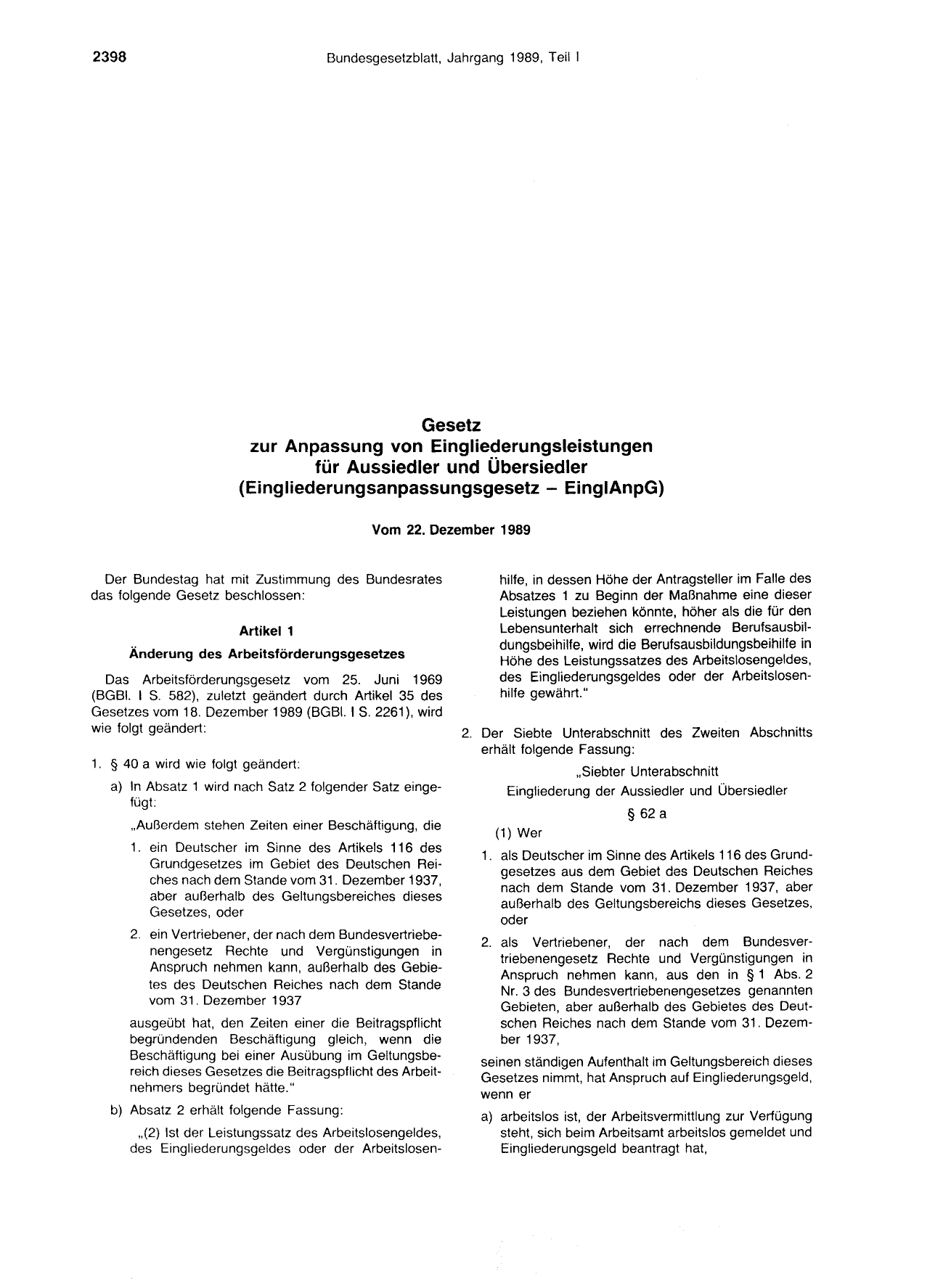 BGBl. 1989, Seite 2398 — Originalseite als Abbildung
