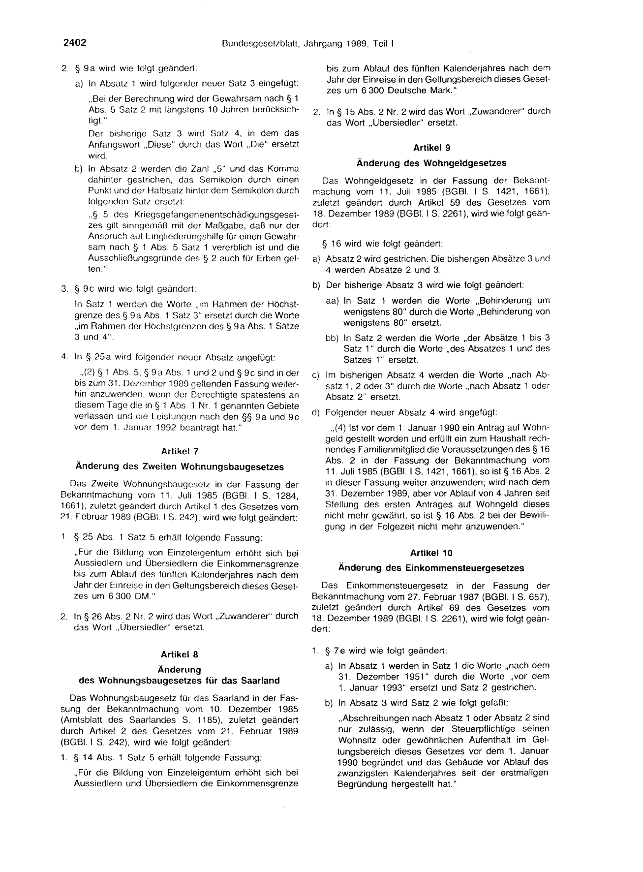 BGBl. 1989, Seite 2402 — Originalseite als Abbildung