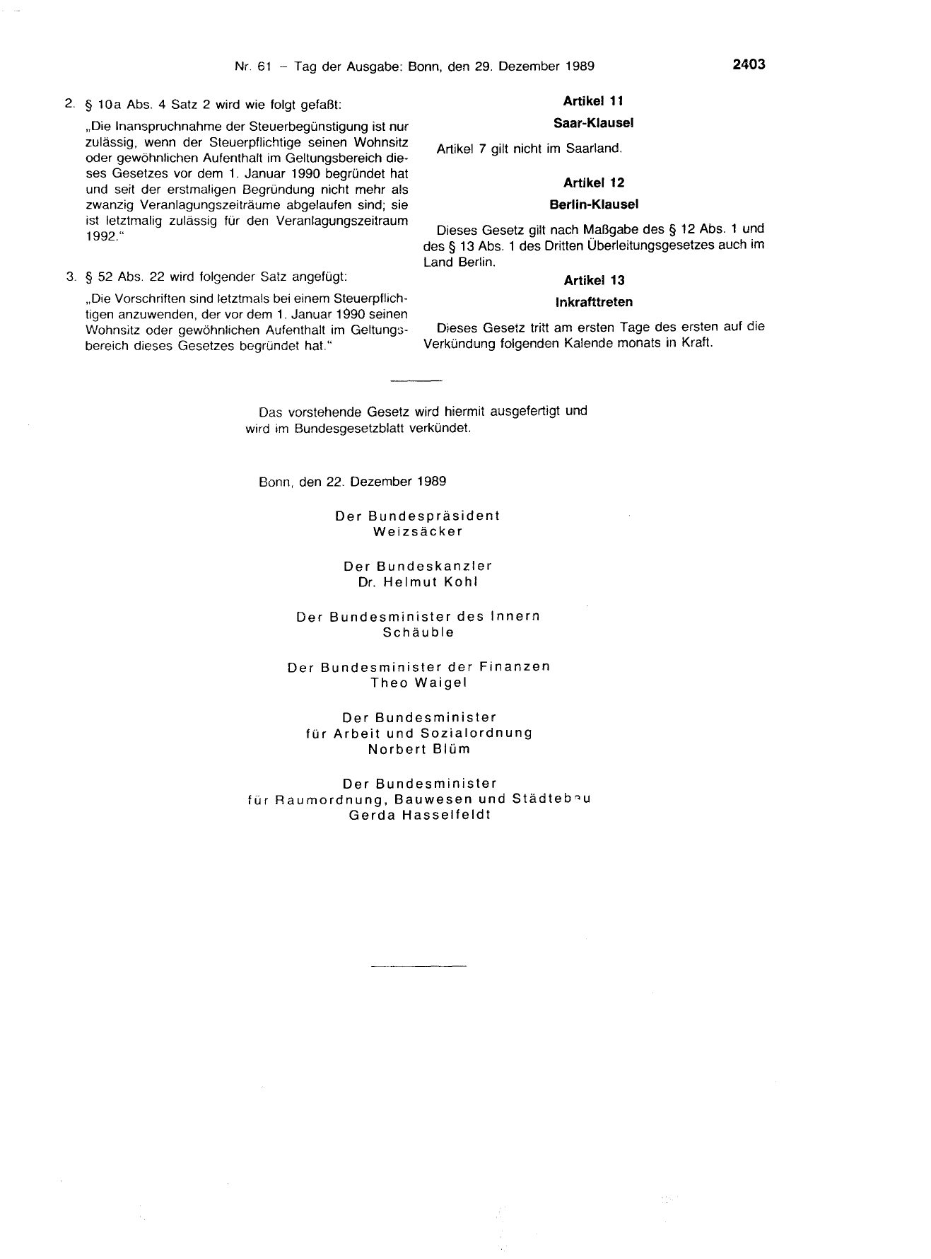 BGBl. 1989, Seite 2403 — Originalseite als Abbildung