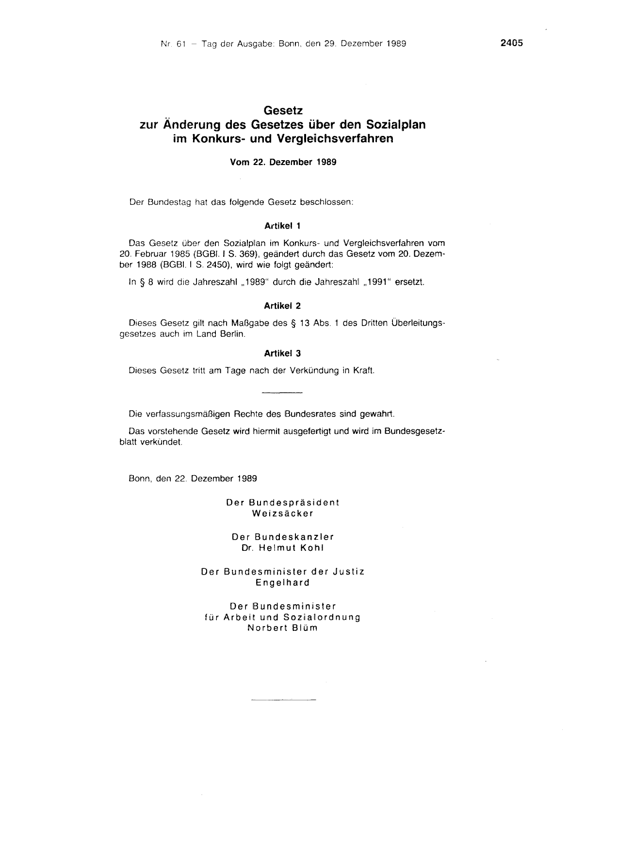 BGBl. 1989, Seite 2405 — Originalseite als Abbildung