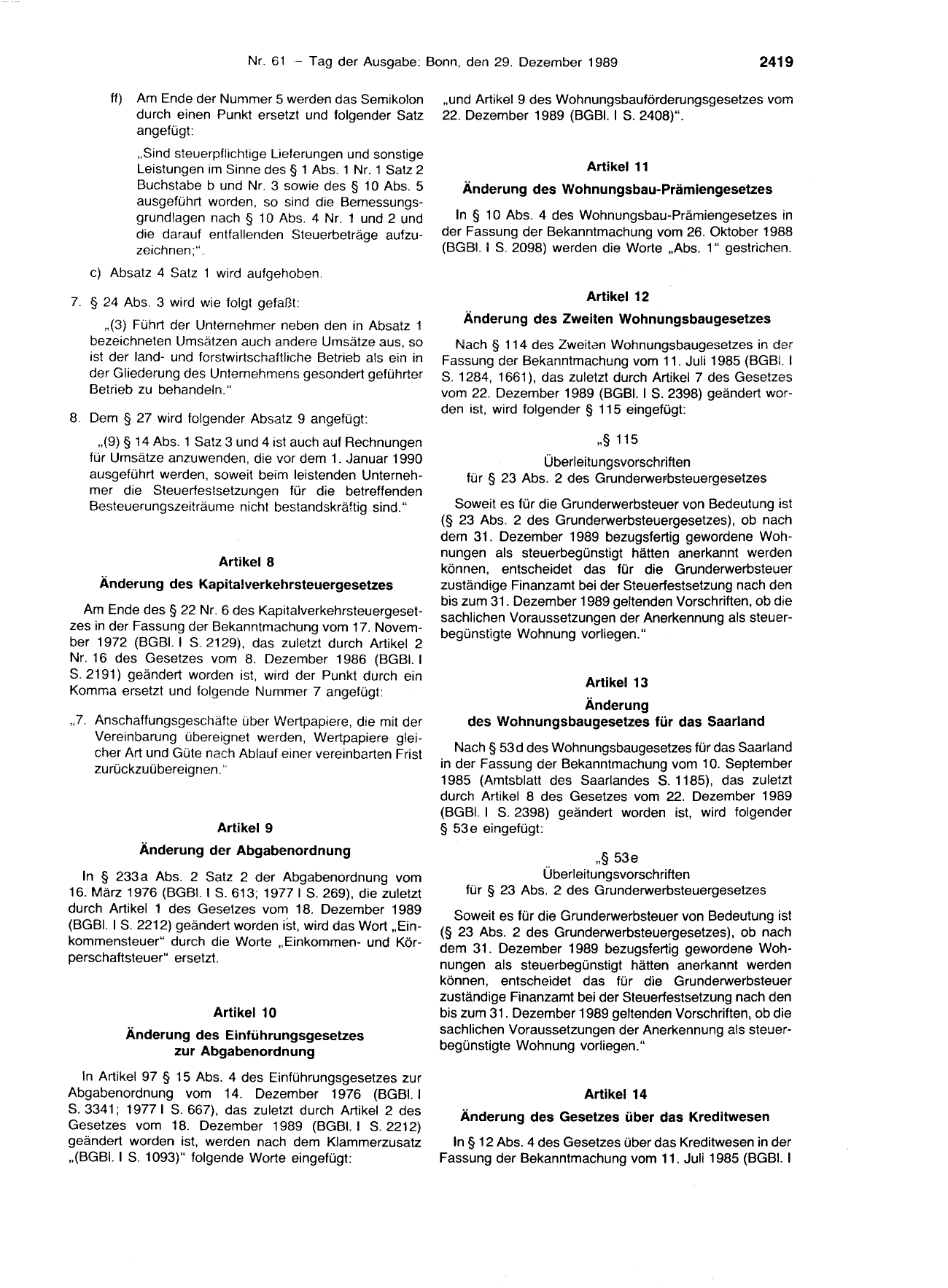 BGBl. 1989, Seite 2419 — Originalseite als Abbildung