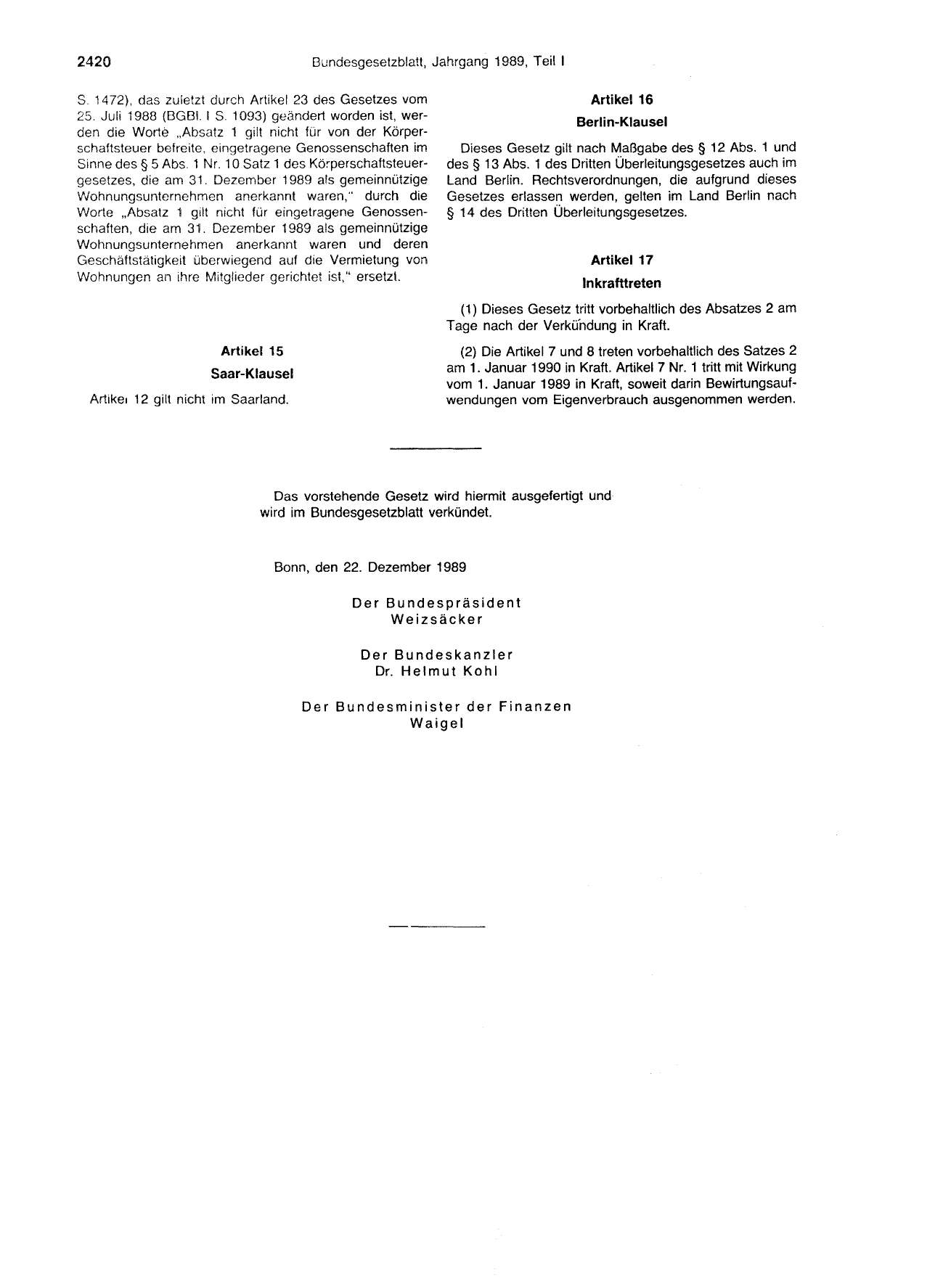 BGBl. 1989, Seite 2420 — Originalseite als Abbildung